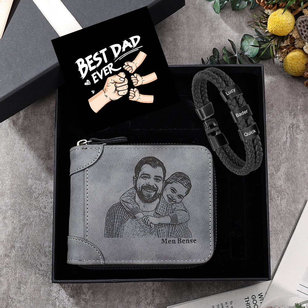 3 Names Men Wallet Bracelet Gift Card Gift Set-Personalised Braided Leather Bracelet Father's Day Gift for Him| Jessemade