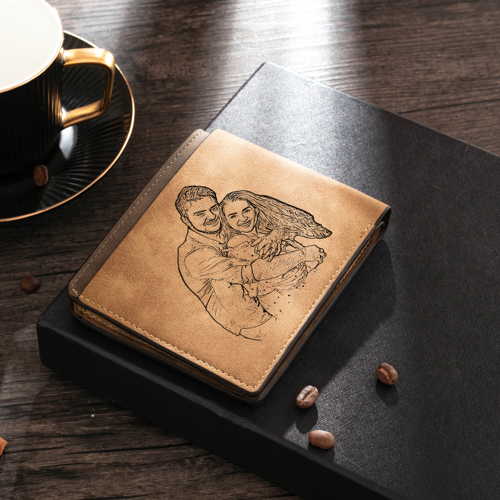 Brown Personalised Leather Wallet Engraved Photo Short Wallet Folding Wallet For Dad
