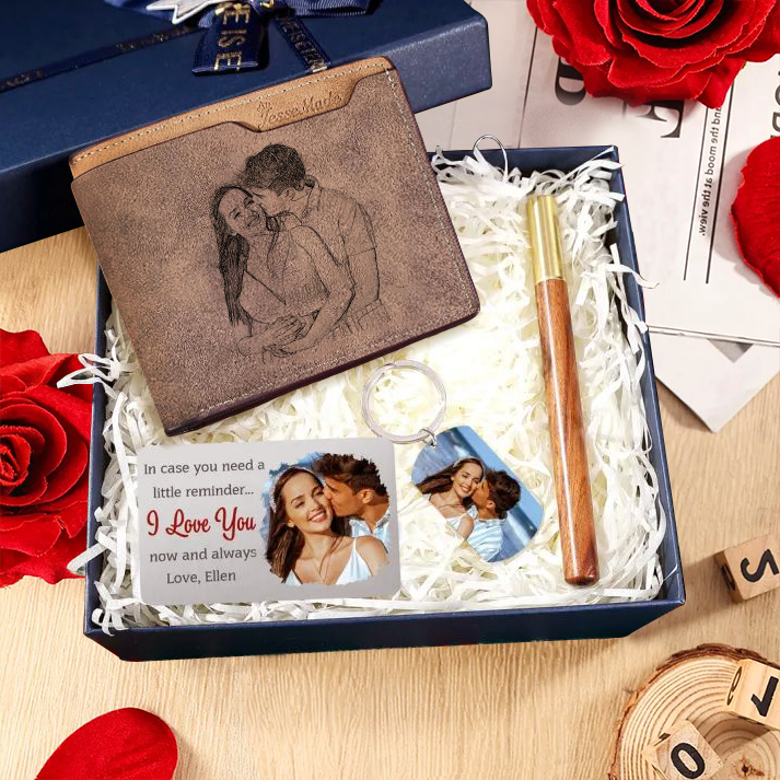Personalised Men’s Wallet, Card, Keyring & Pen Set – Custom Gift Box with Photo, Name, Letter, and Text – Valentine’s Day Gift for Him | Jessemade