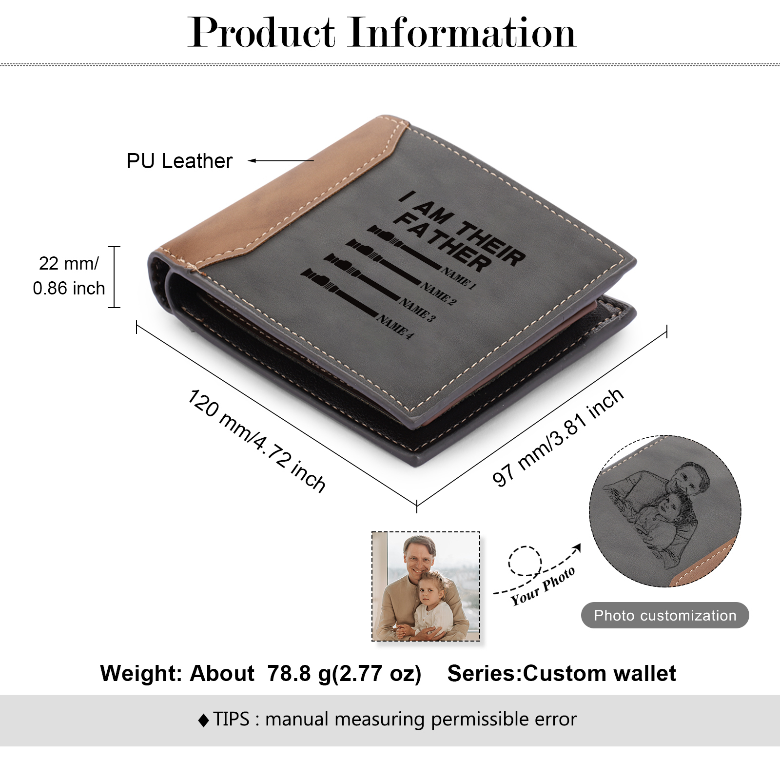 4 Name & 1 Photo Custom PU Leather Wallet – Personalised Engraved Photo & Name Gift for Dad | Jessemade