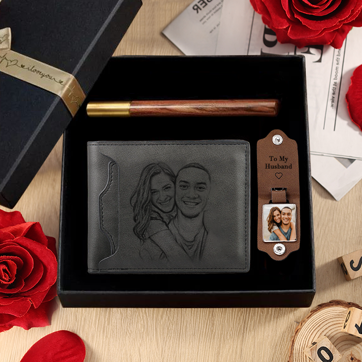 Personalised Men’s Wallet & Keyring Set – Custom Gift Box with Name, Photo, Letter, and Text – Valentine’s Day Gift for Him | Jessemade