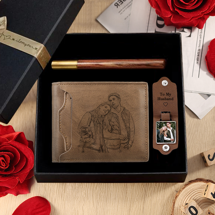 Personalised Men’s Gift Set with Wallet & Leather Keyring - Custom Name, Letter & Photo – Valentine’s Day Gift for Him | Jessemade