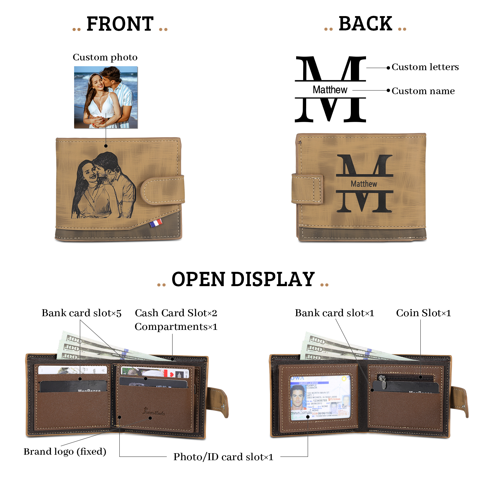 Personalised Men's Leather Wallet with Custom Photo & Name & Letter - Christmas Gift for Him | Jessemade