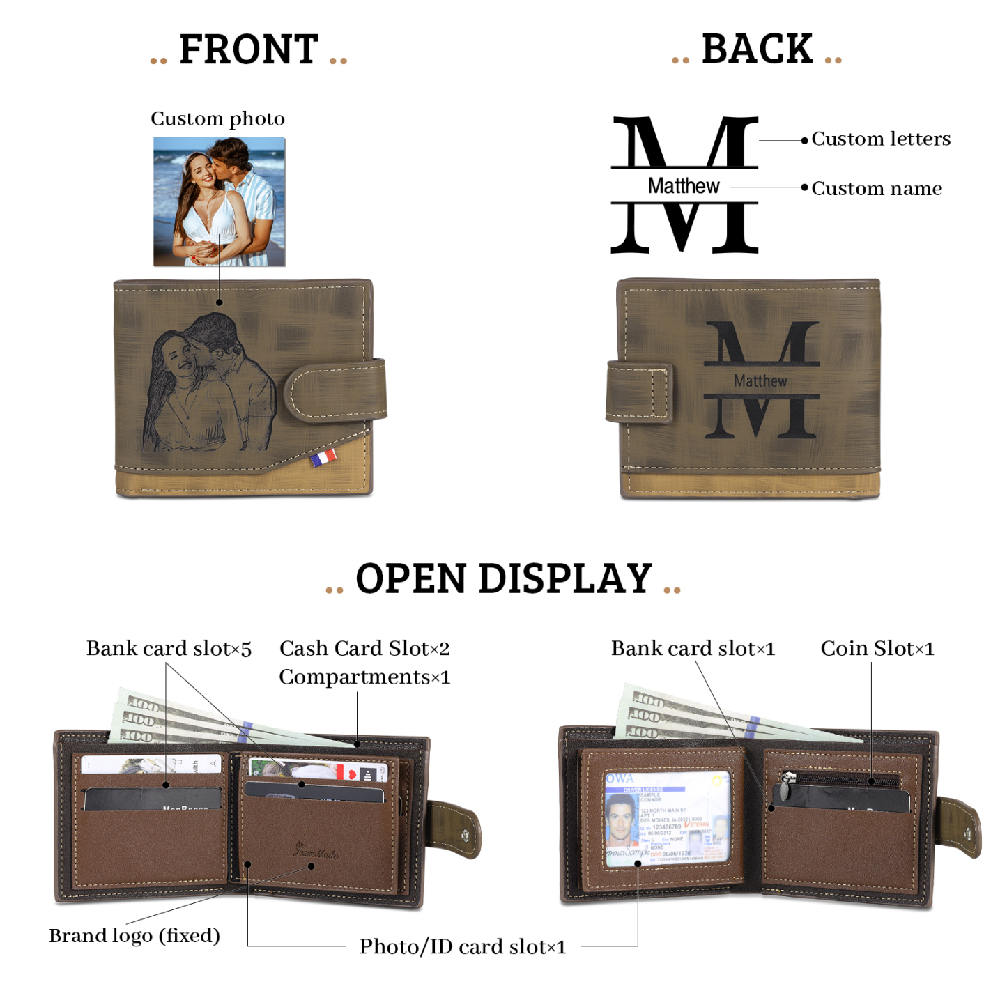 Personalised Men's Leather Wallet with Custom Photo & Name & Letter - Christmas Gift for Him | Jessemade