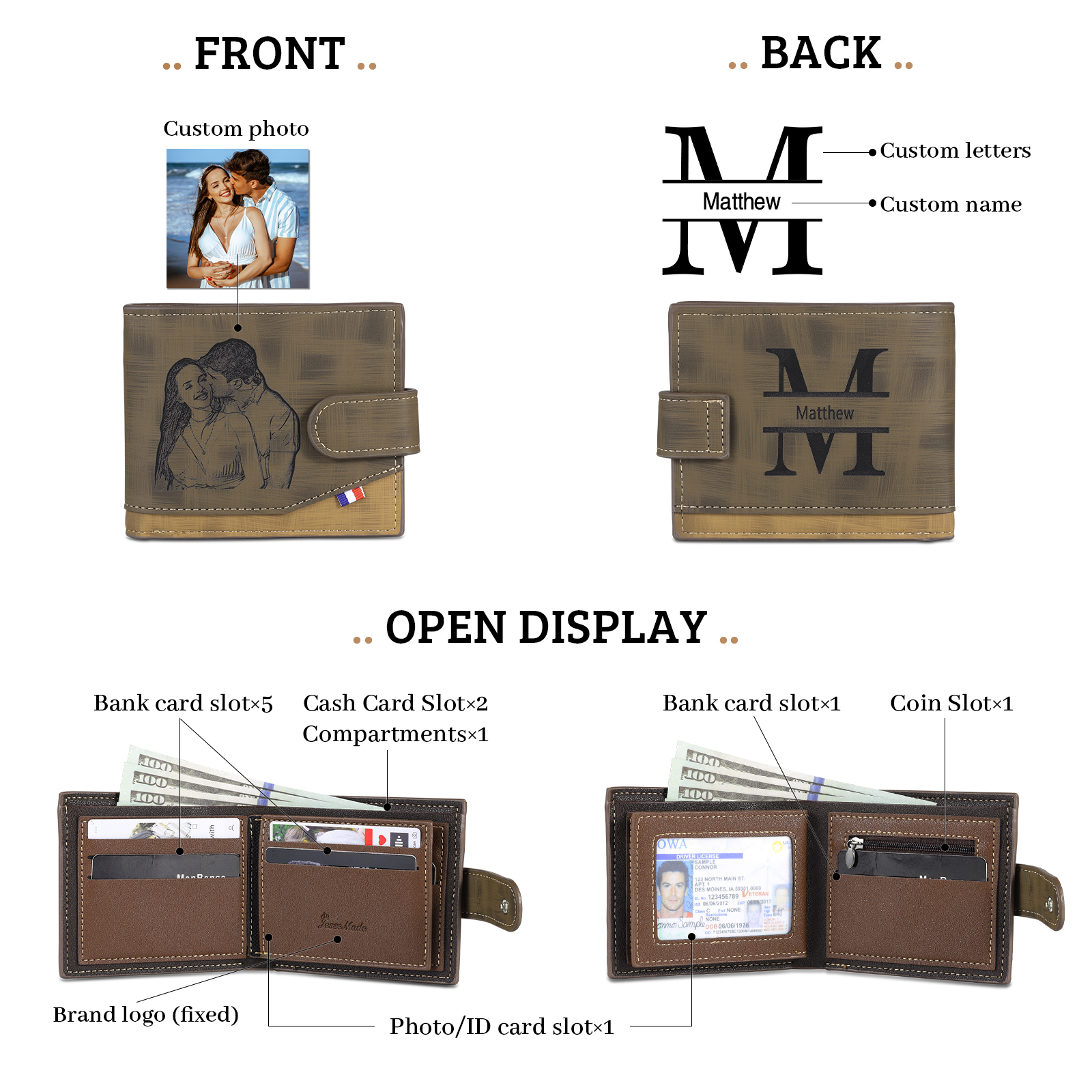 Personalised Men's Leather Wallet with Custom Photo & Name & Letter - Christmas Gift for Him | Jessemade