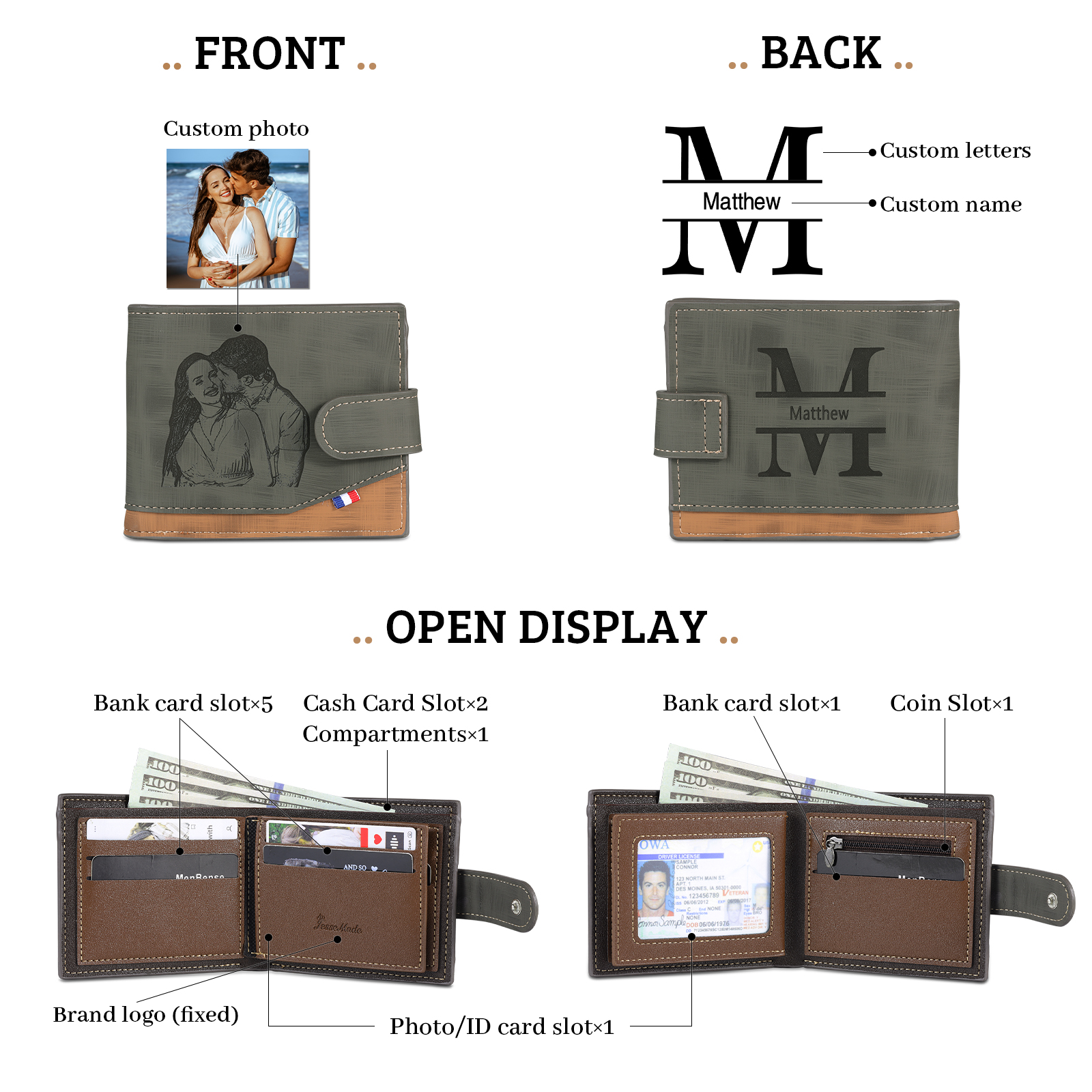 Personalised Men's Leather Wallet with Custom Photo & Name & Letter - Christmas Gift for Him | Jessemade