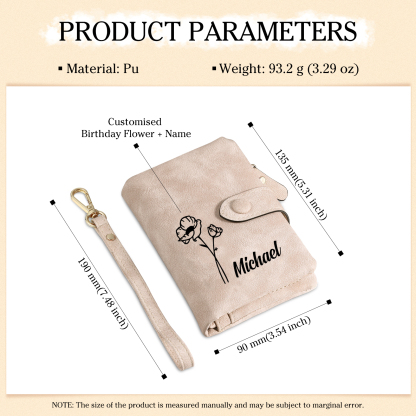Personalized Name and Birthday Flower PU Women's Three Layer Folding Wallet Gift for Her