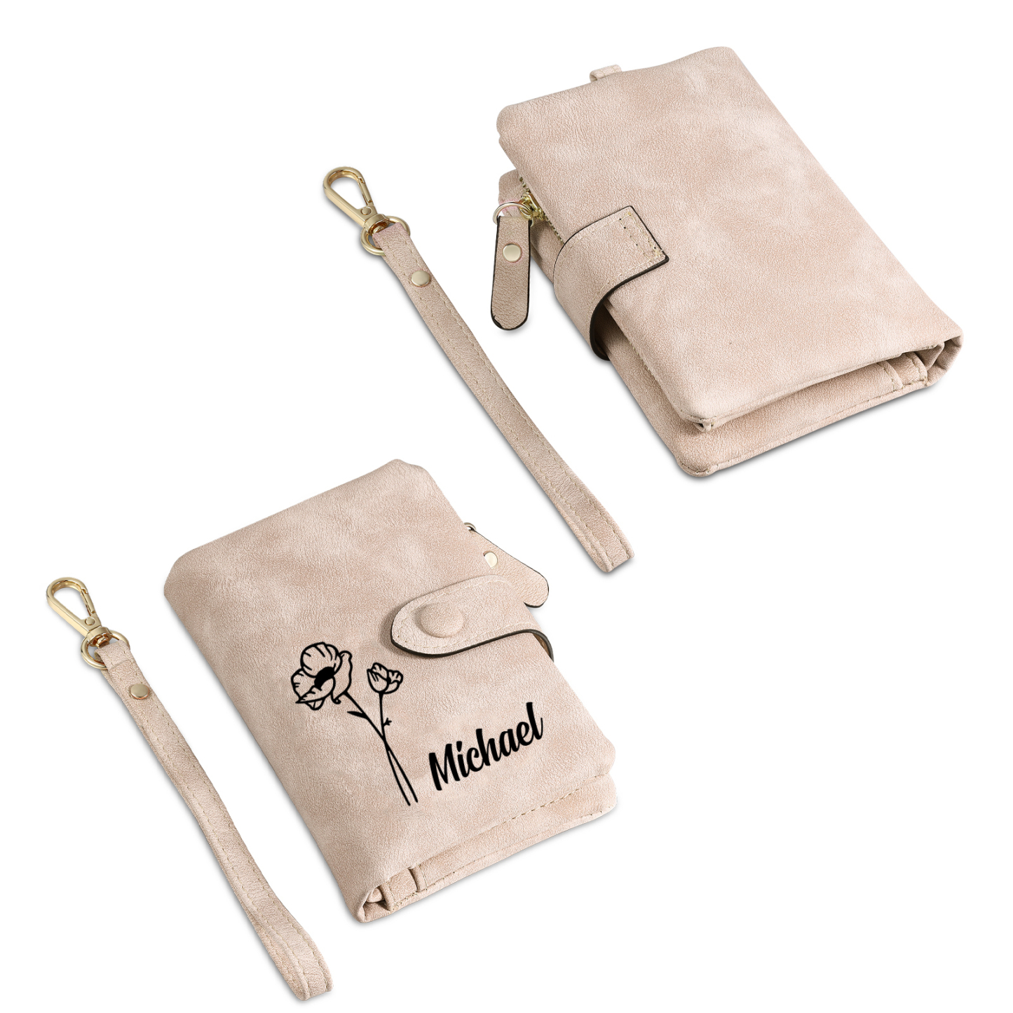 Personalized Name and Birthday Flower PU Women's Three Layer Folding Wallet Gift for Her