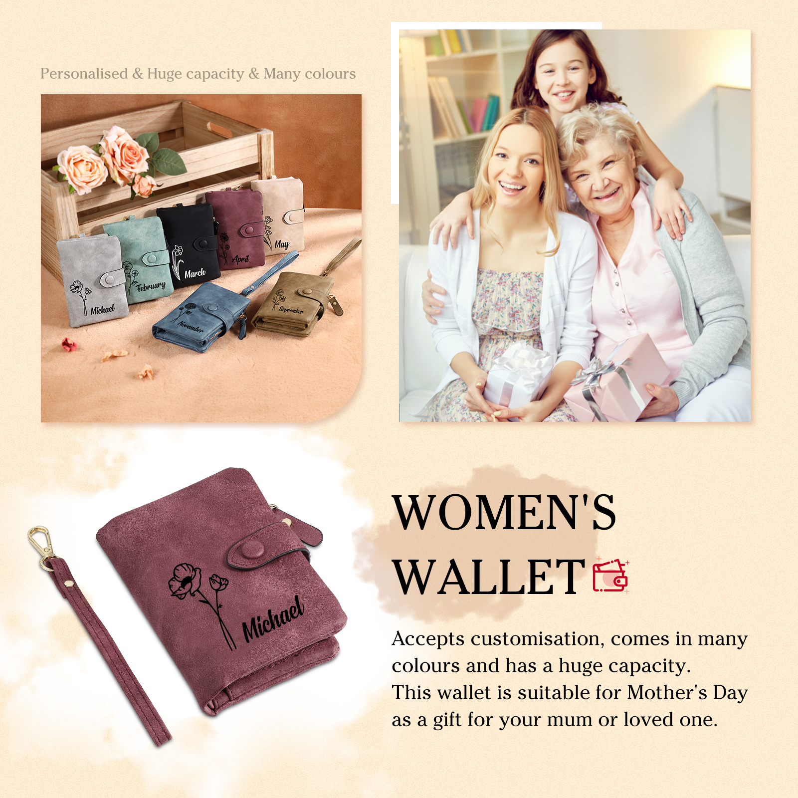 Personalized Name and Birthday Flower PU Women's Three Layer Folding Wallet Gift for Her