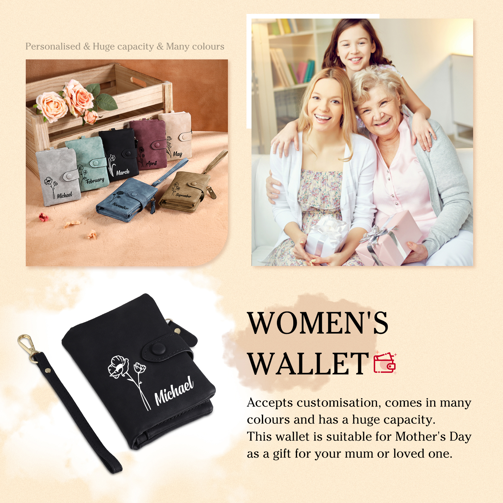 Personalized Name and Birthday Flower PU Women's Three Layer Folding Wallet Gift for Her