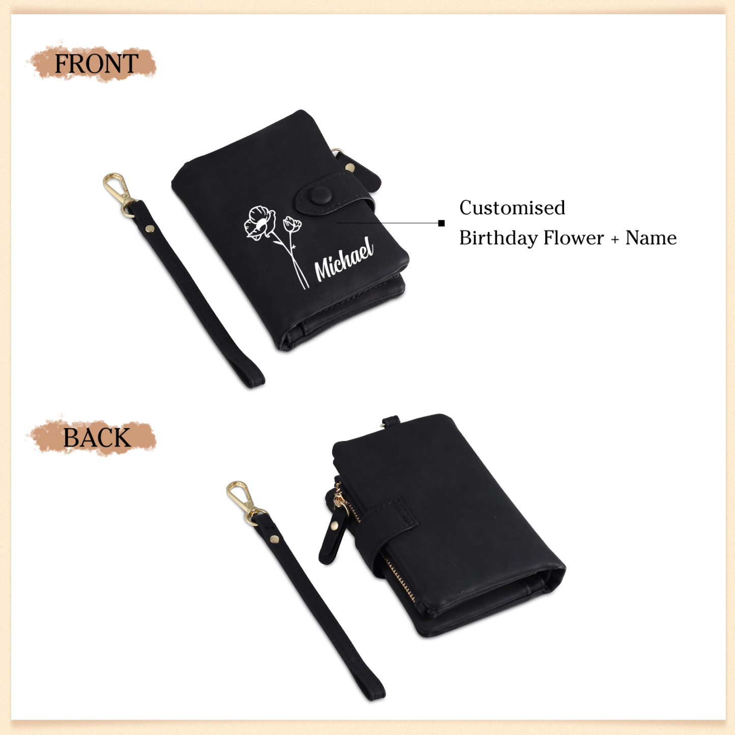 Personalized Name and Birthday Flower PU Women's Three Layer Folding Wallet Gift for Her