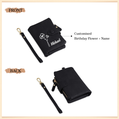 Personalized Name and Birthday Flower PU Women's Three Layer Folding Wallet Gift for Her