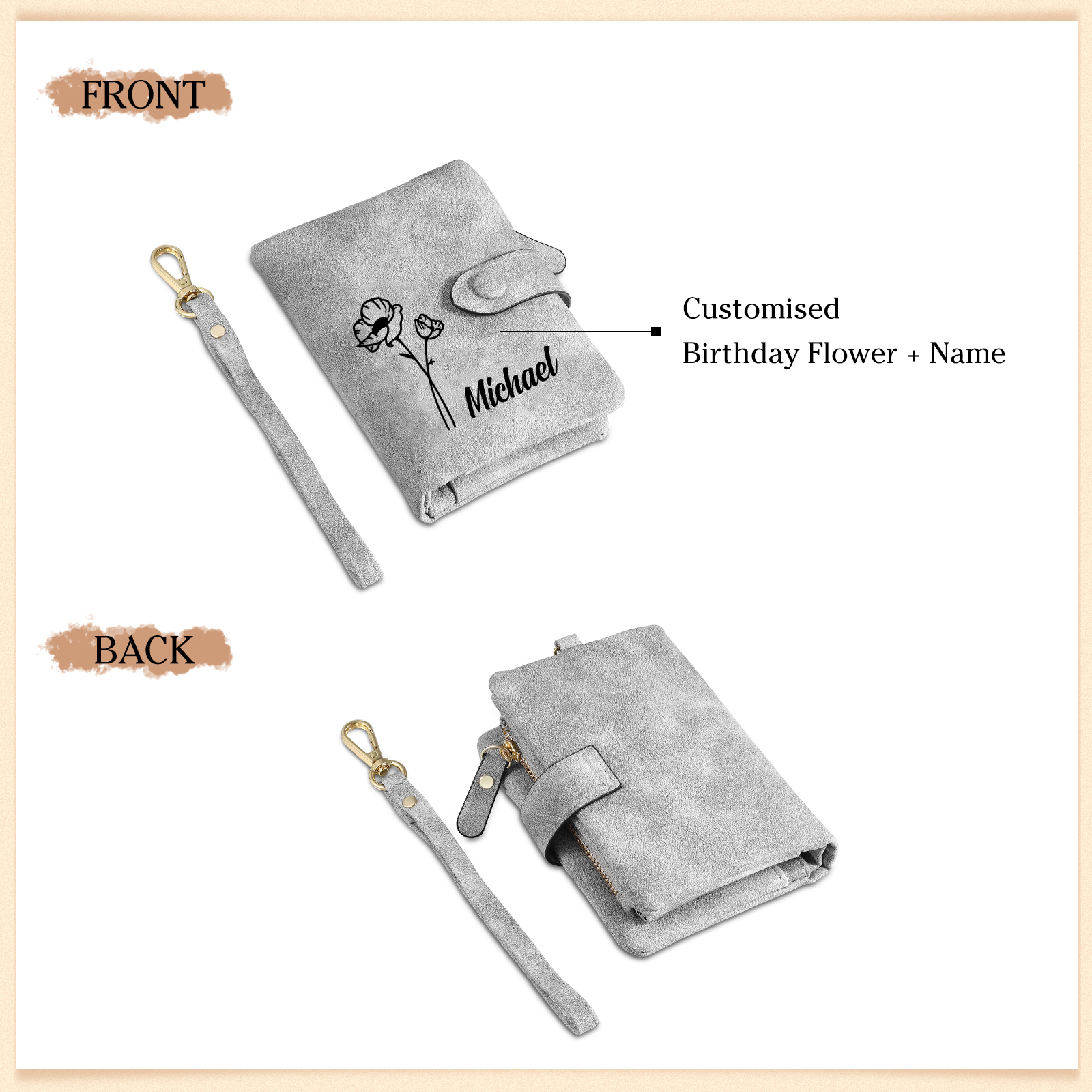 Personalized Name and Birthday Flower PU Women's Three Layer Folding Wallet Gift for Her