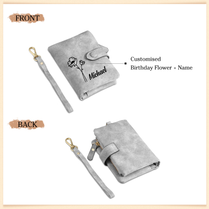 Personalized Name and Birthday Flower PU Women's Three Layer Folding Wallet Gift for Her