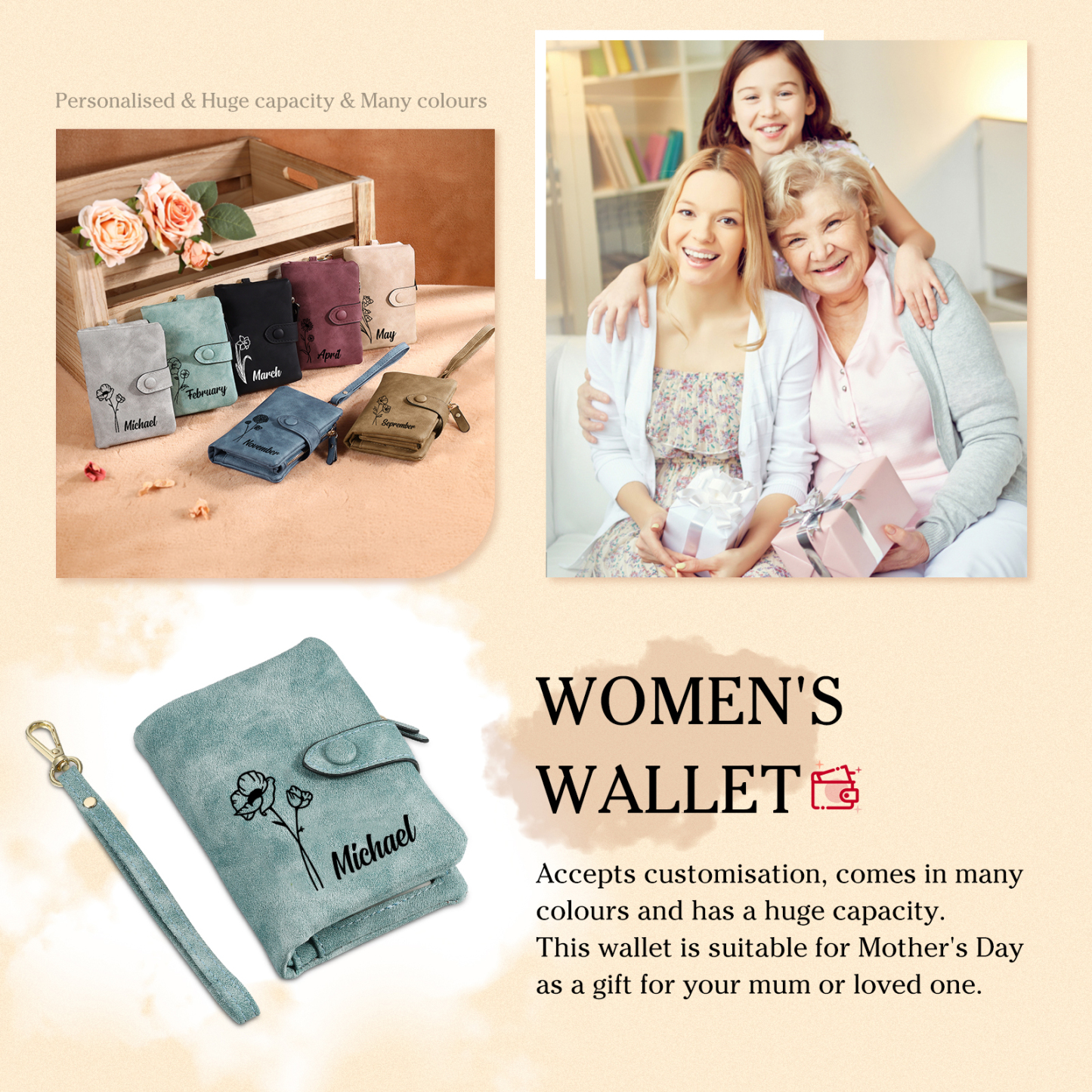 Personalized Name and Birthday Flower PU Women's Three Layer Folding Wallet Gift for Her