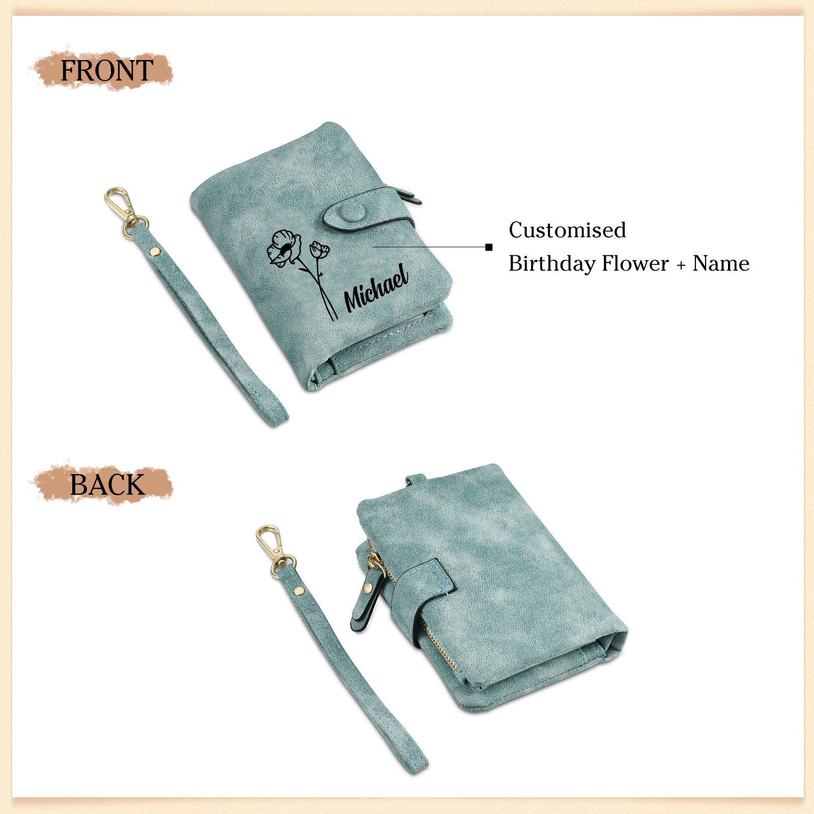 Personalized Name and Birthday Flower PU Women's Three Layer Folding Wallet Gift for Her
