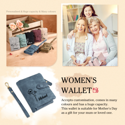 Personalized Name and Birthday Flower PU Women's Three Layer Folding Wallet Gift for Her