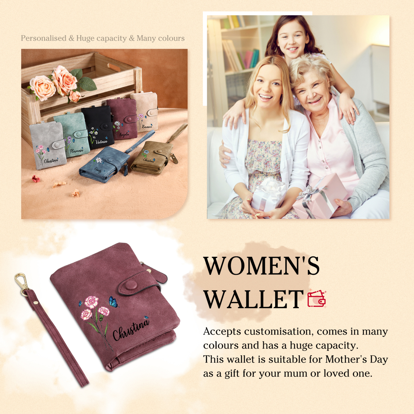 Personalised Women’s Wallet – Custom Name, Birth Flower & Photo, Seven Colours Available – Valentine’s Day Gift for Her | Jessemade