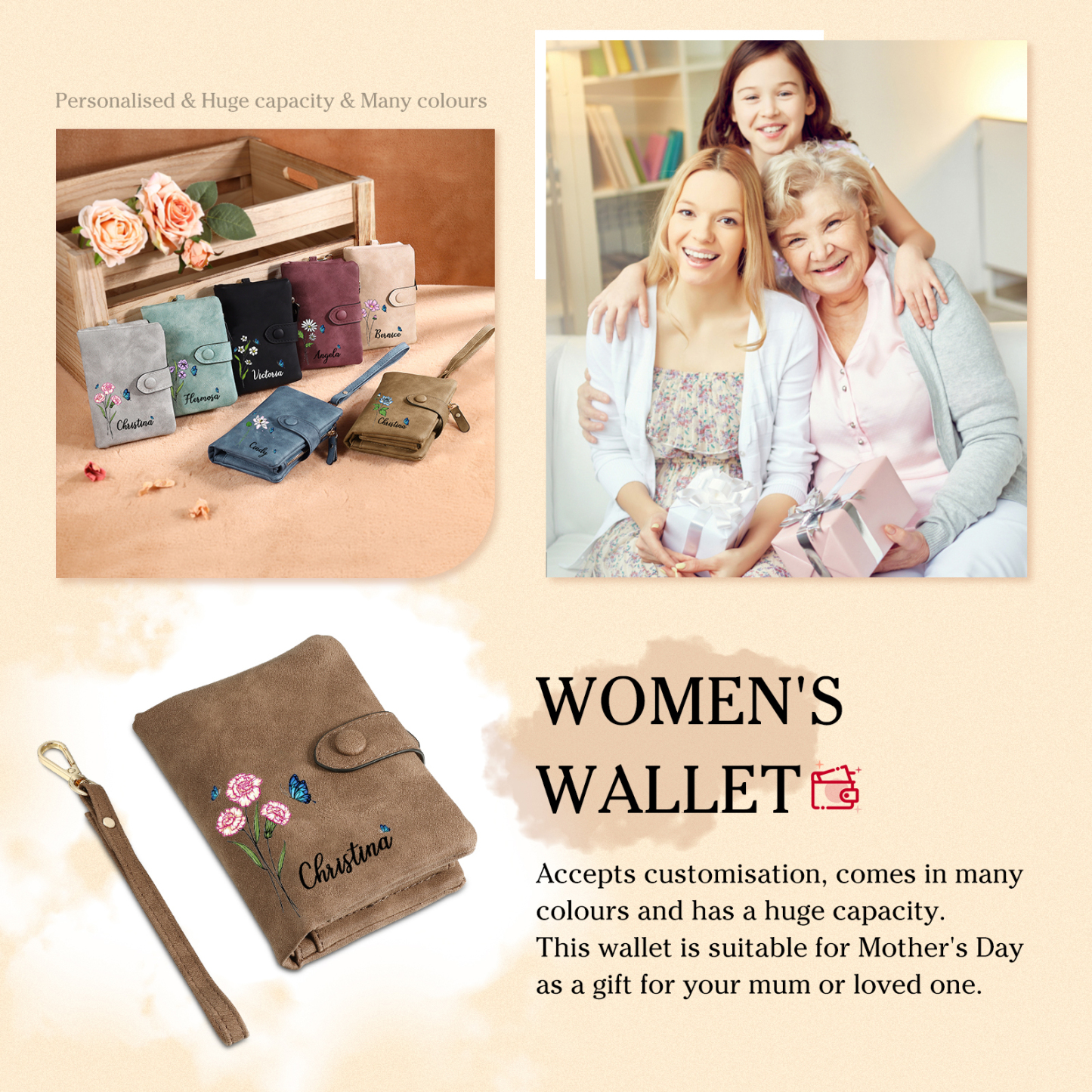 Personalised Women’s Wallet – Custom Name, Birth Flower & Photo, Seven Colours Available – Valentine’s Day Gift for Her | Jessemade