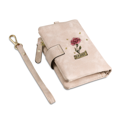 Personalised Women's Wallet Custom Birth Flower and Name PU Leather Wallet Gift for Her | Jessmade