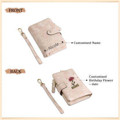 Personalised Women's Wallet Custom Birth Flower and Name PU Leather Wallet Gift for Her | Jessmade
