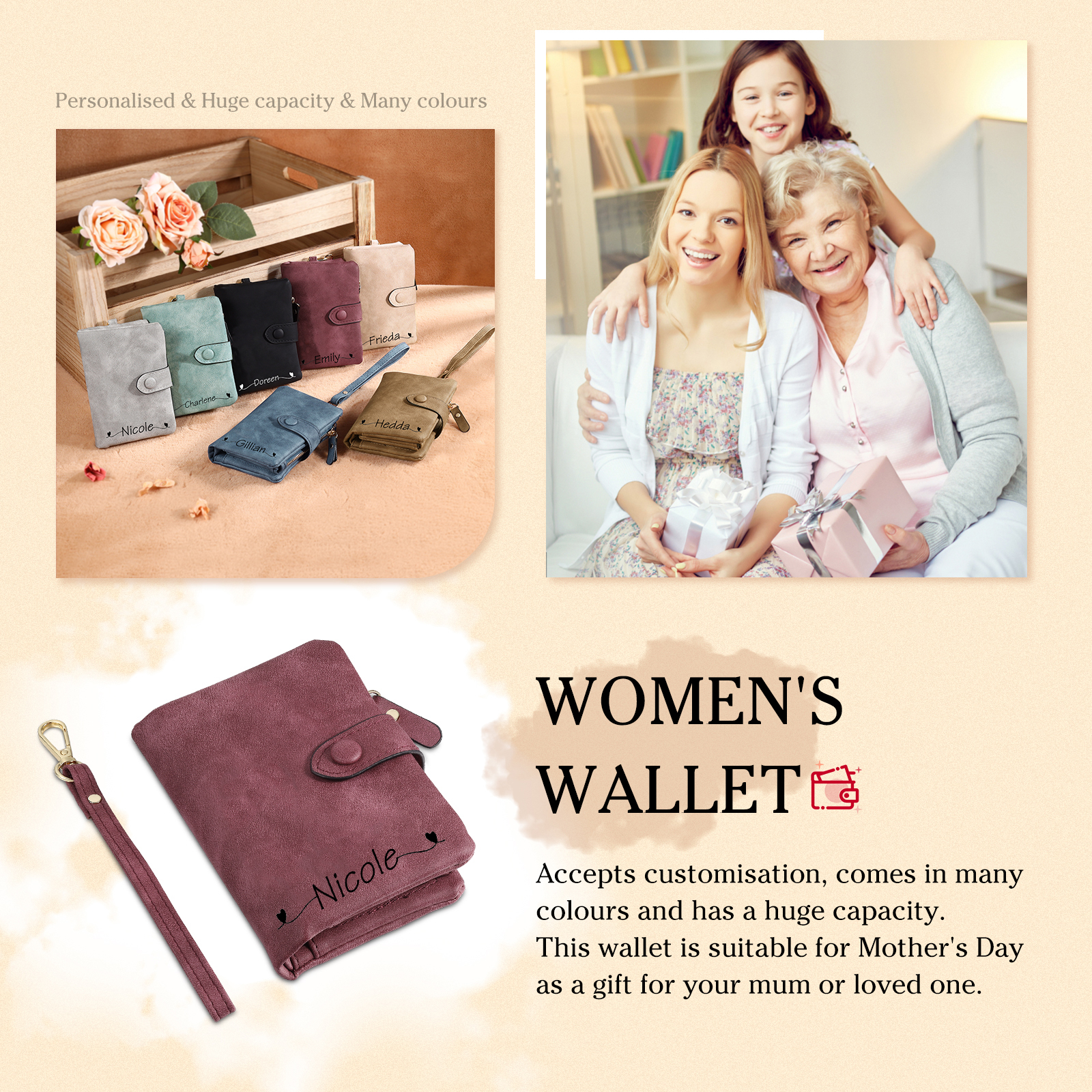 Personalised Women's Wallet Custom Birth Flower and Name PU Leather Wallet Gift for Her | Jessmade