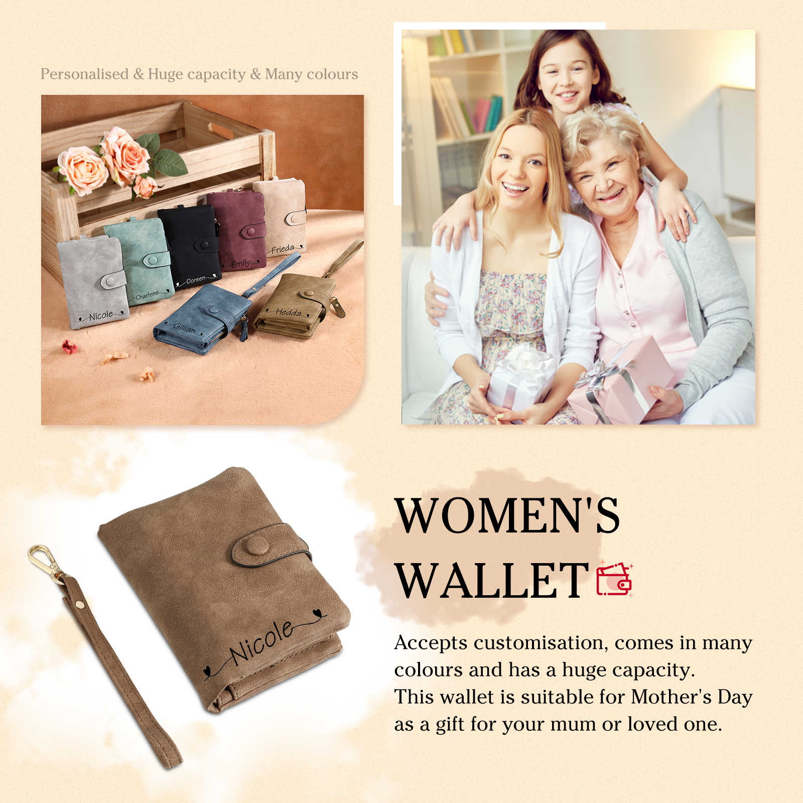 Personalised Women's Wallet Custom Birth Flower and Name PU Leather Wallet Gift for Her | Jessmade