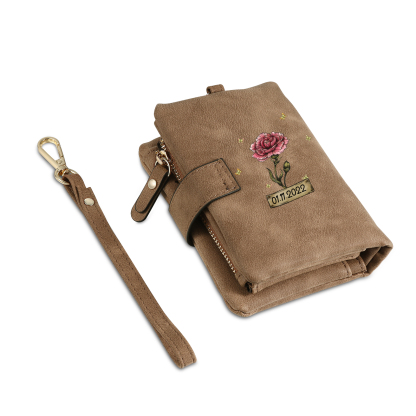 Personalised Women's Wallet Custom Birth Flower and Name PU Leather Wallet Gift for Her | Jessmade