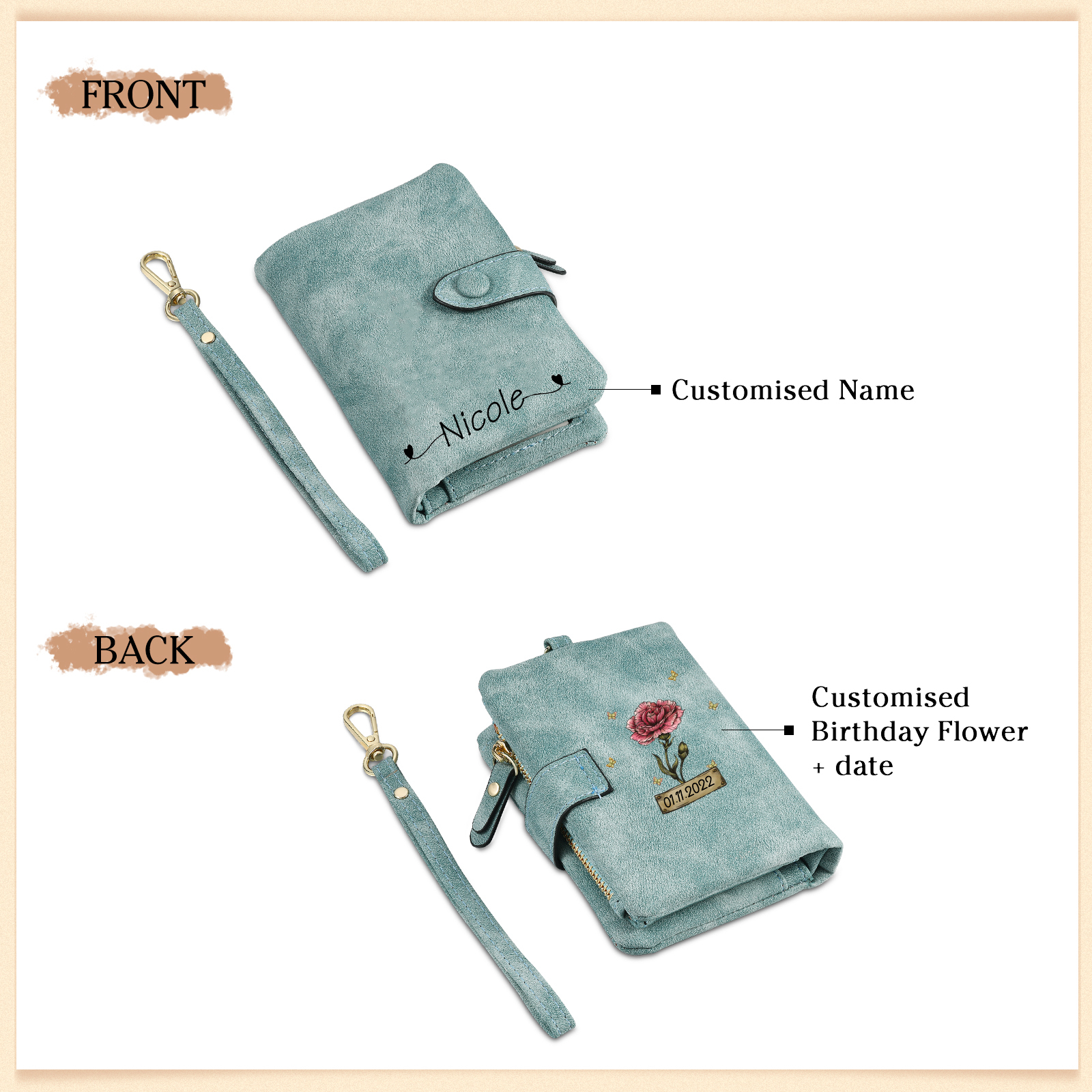 Personalised Women's Wallet Custom Birth Flower and Name PU Leather Wallet Gift for Her | Jessmade