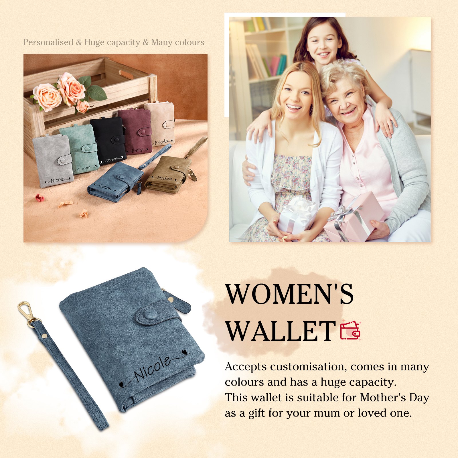 Personalised Women's Wallet Custom Birth Flower and Name PU Leather Wallet Gift for Her | Jessmade