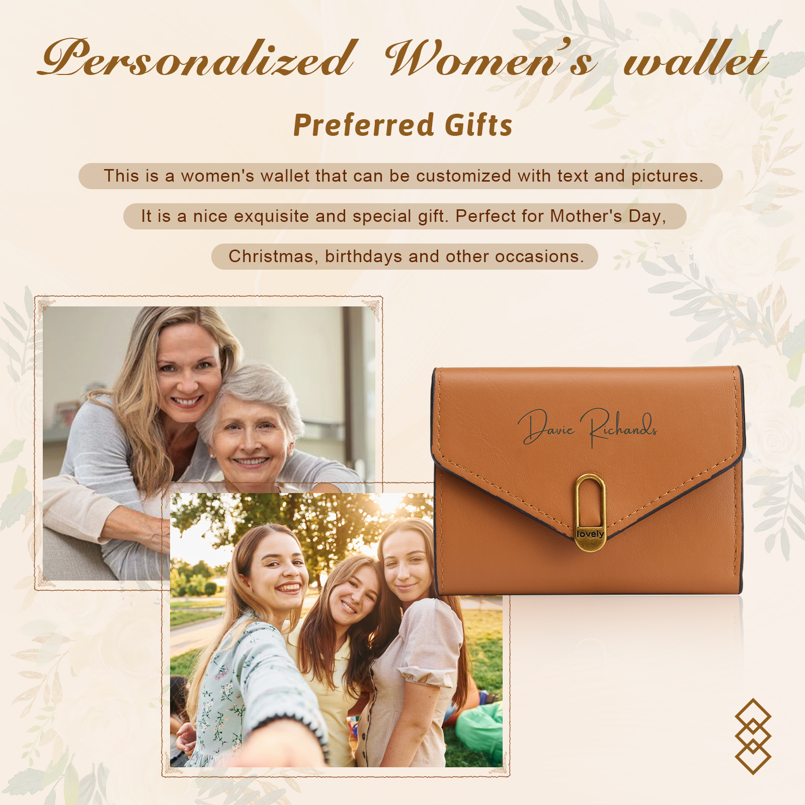 Personalized Photo and Text Pu Leather Brown Folding Women Wallet for Her