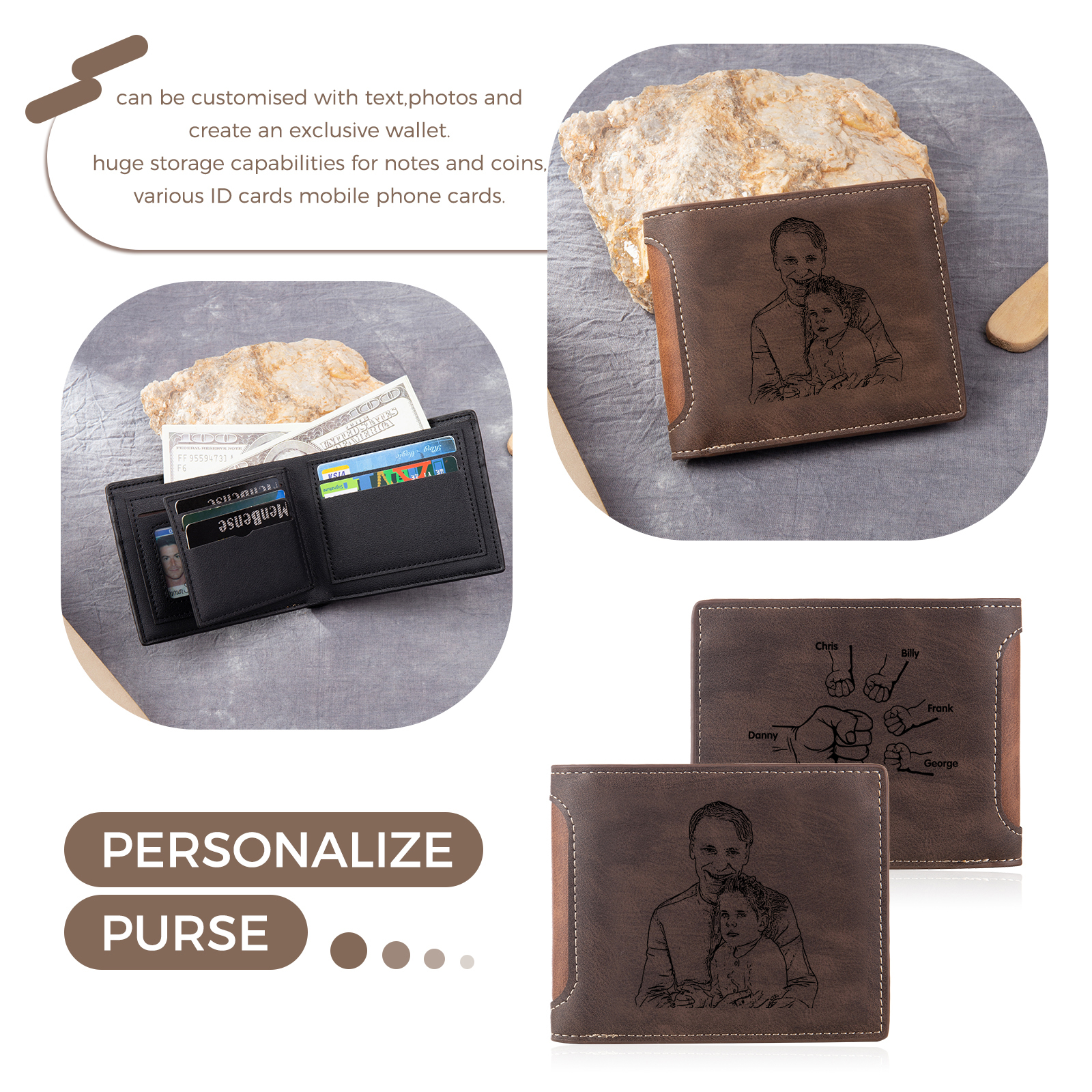 5 Names - Personalised Photo Custom Leather Men's Folding Wallet as a Father's Day Gift for Dad