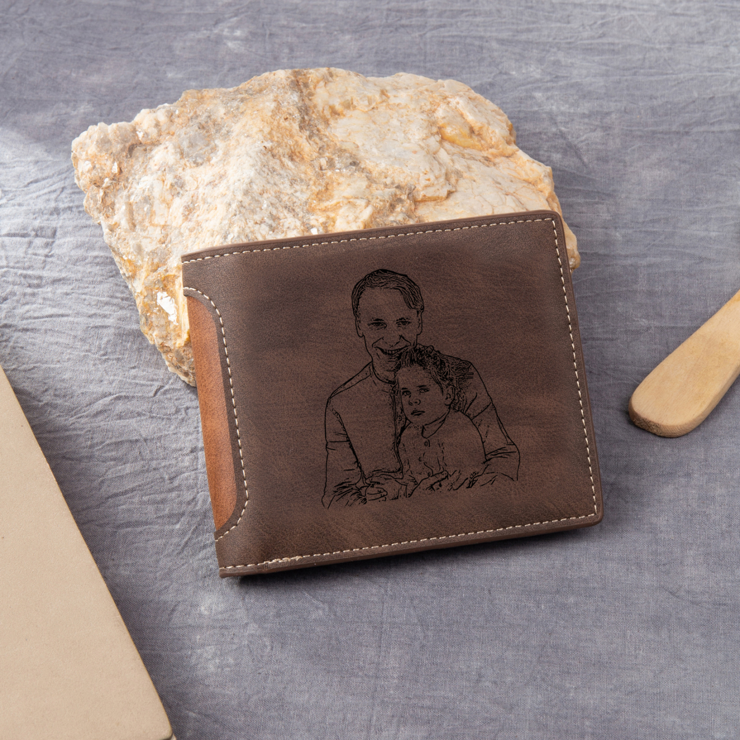 6 Names - Personalised Photo Custom Leather Men's Folding Wallet as a Father's Day Gift for Dad