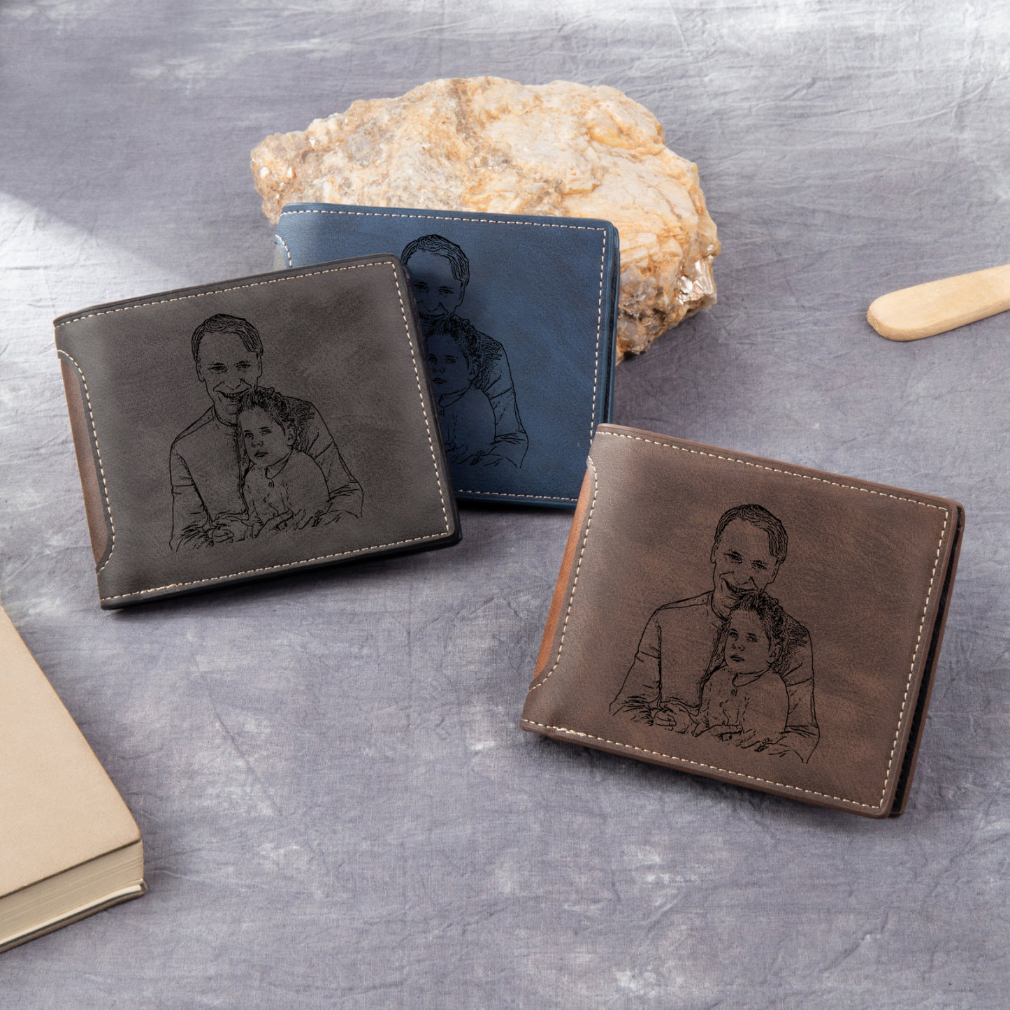 6 Names - Personalised Photo Custom Leather Men's Folding Wallet as a Father's Day Gift for Dad