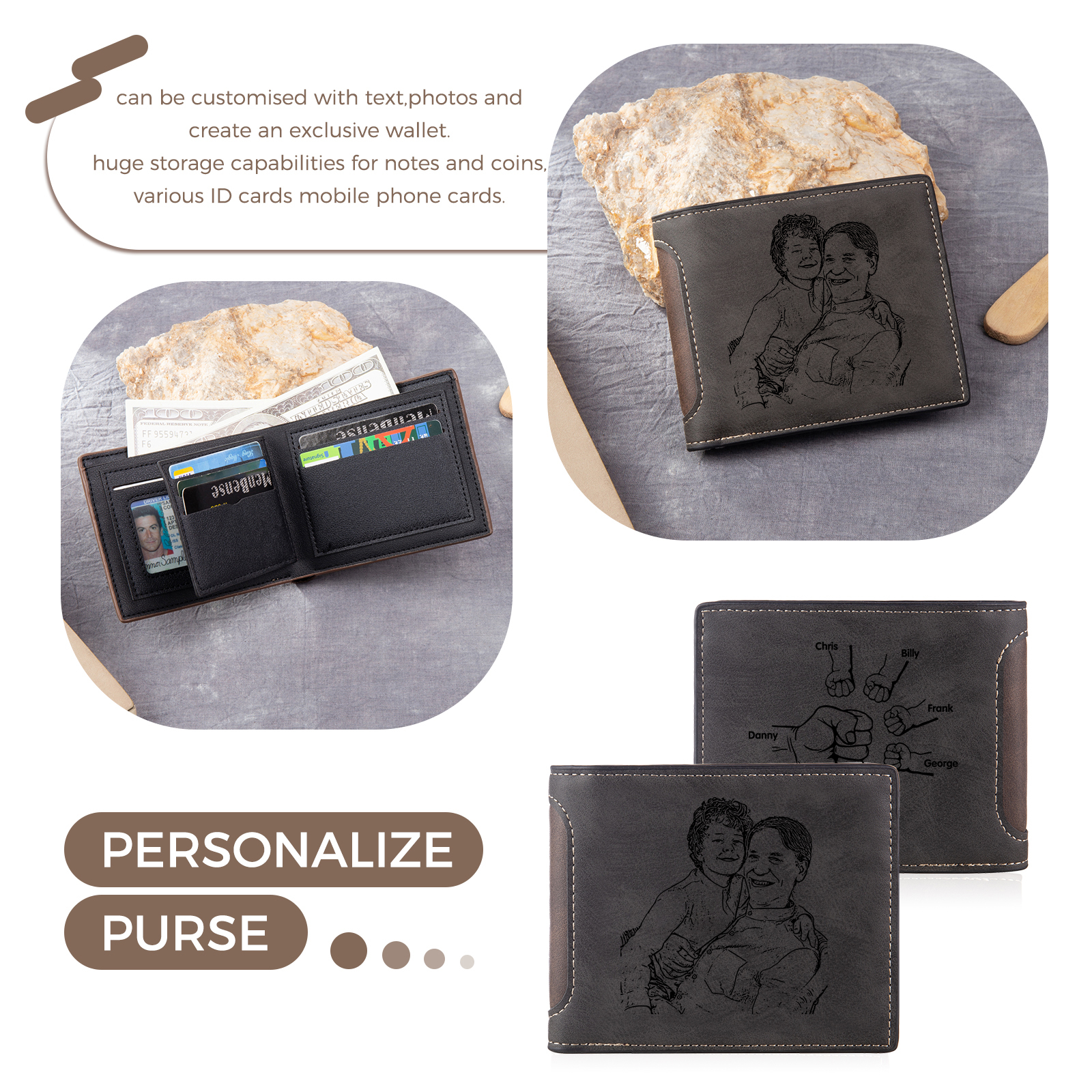 5 Names - Personalised Photo Custom Leather Men's Folding Wallet as a Father's Day Gift for Dad