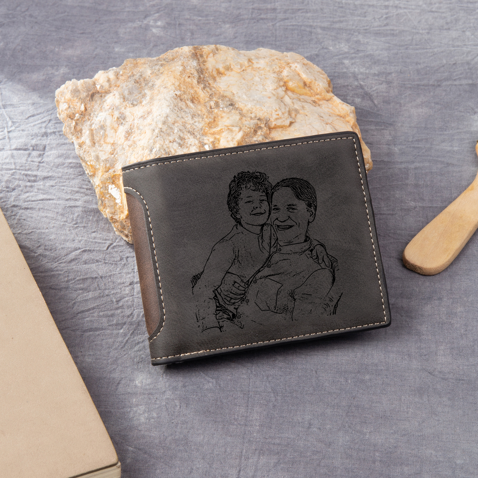 6 Names - Personalised Photo Custom Leather Men's Folding Wallet as a Father's Day Gift for Dad