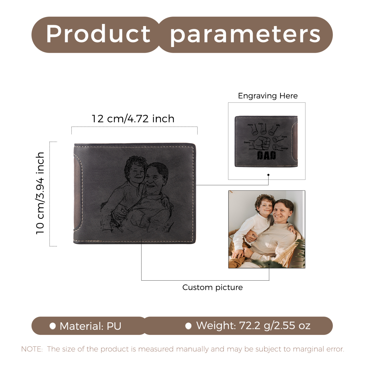 6 Names - Personalised Photo Custom Leather Men's Folding Wallet as a Father's Day Gift for Dad