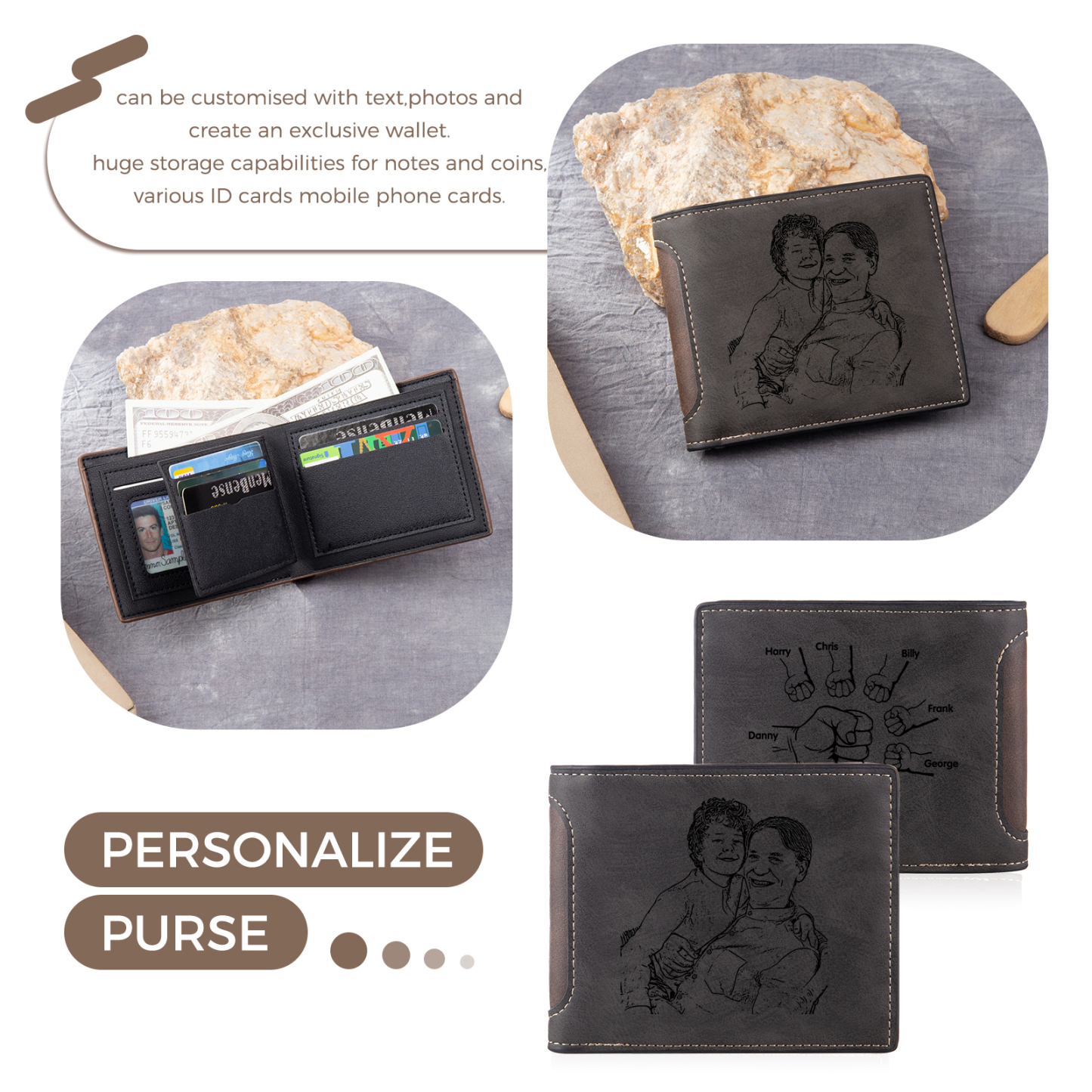 6 Names - Personalised Photo Custom Leather Men's Folding Wallet as a Father's Day Gift for Dad