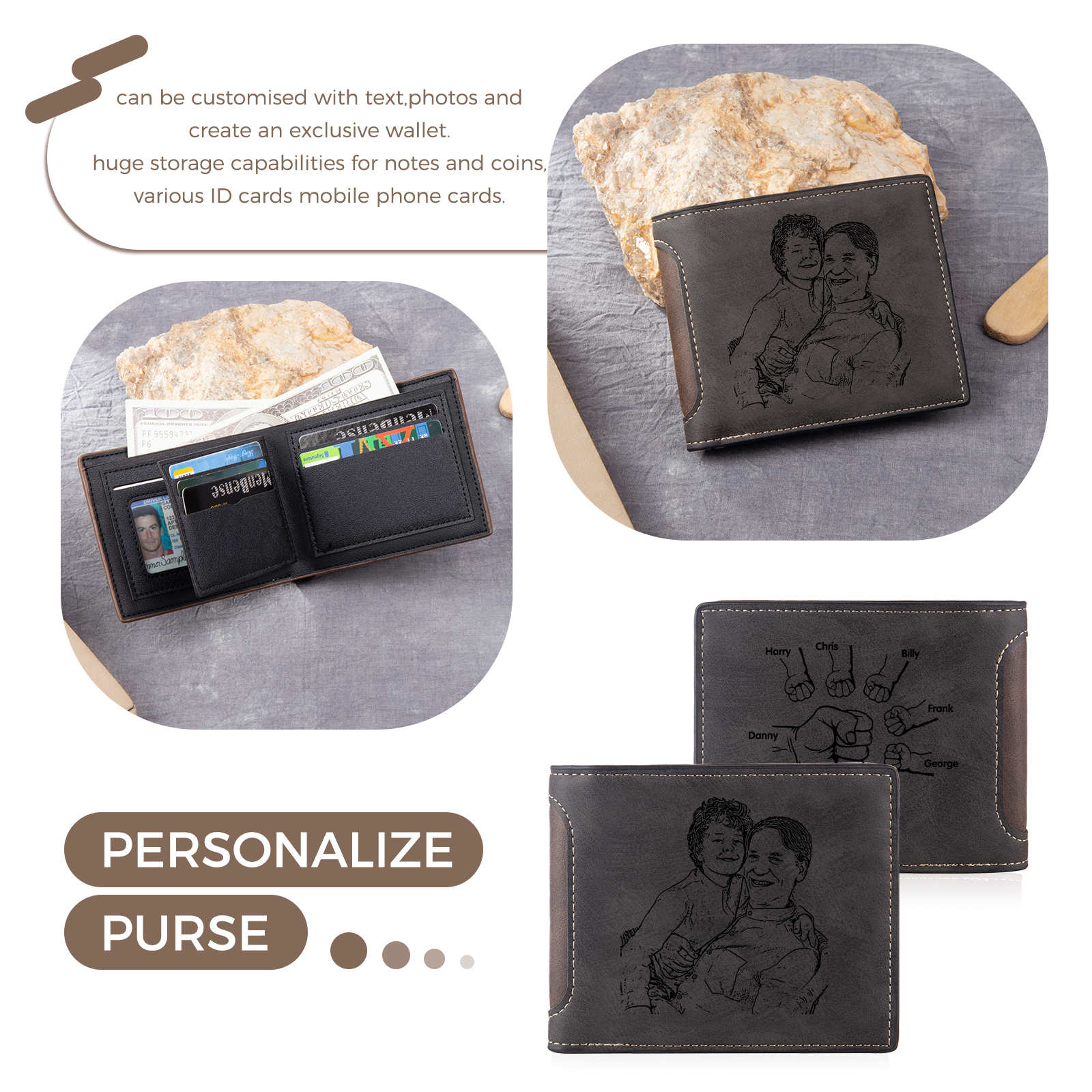 6 Names - Personalised Photo Custom Leather Men's Folding Wallet as a Father's Day Gift for Dad