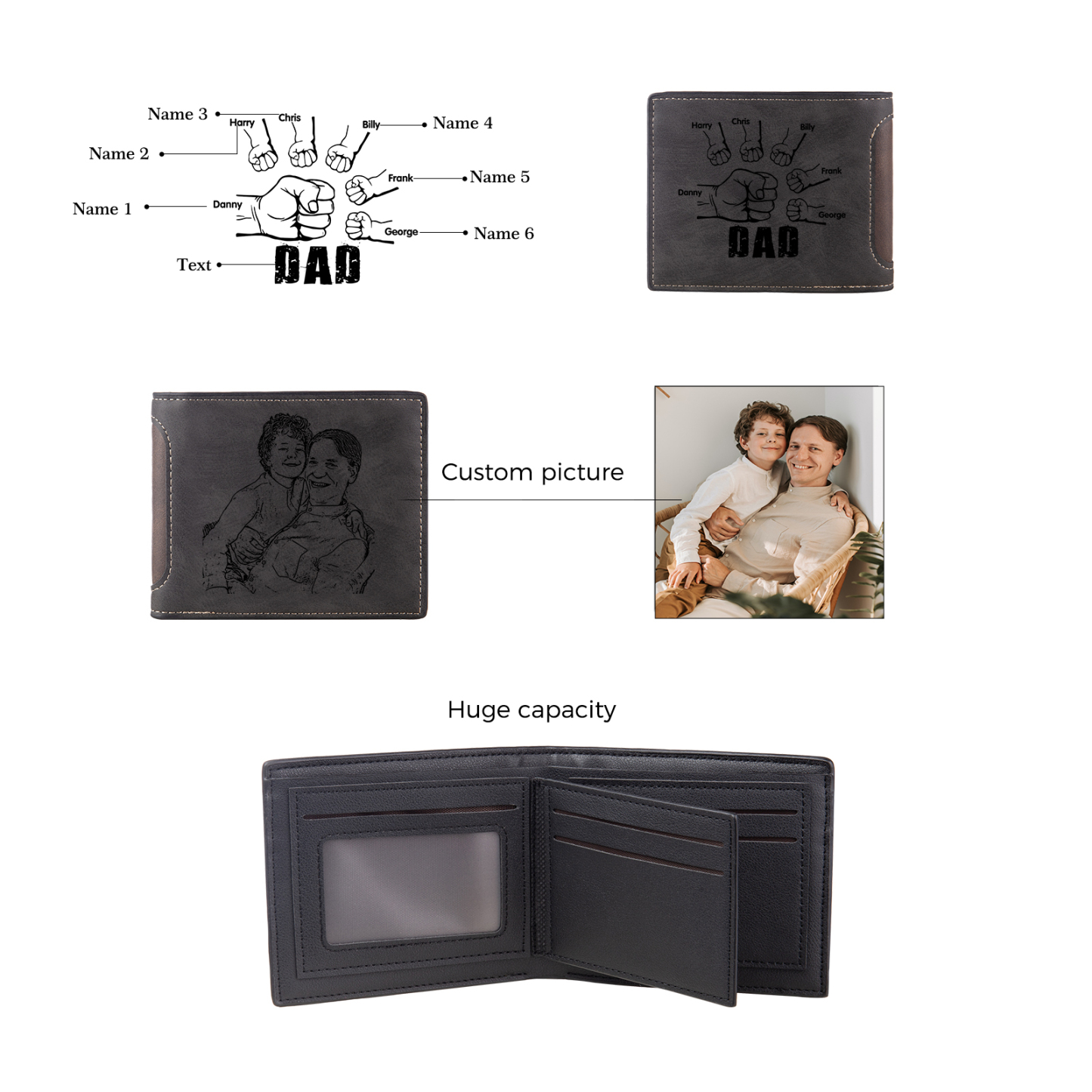 6 Names - Personalised Photo Custom Leather Men's Folding Wallet as a Father's Day Gift for Dad