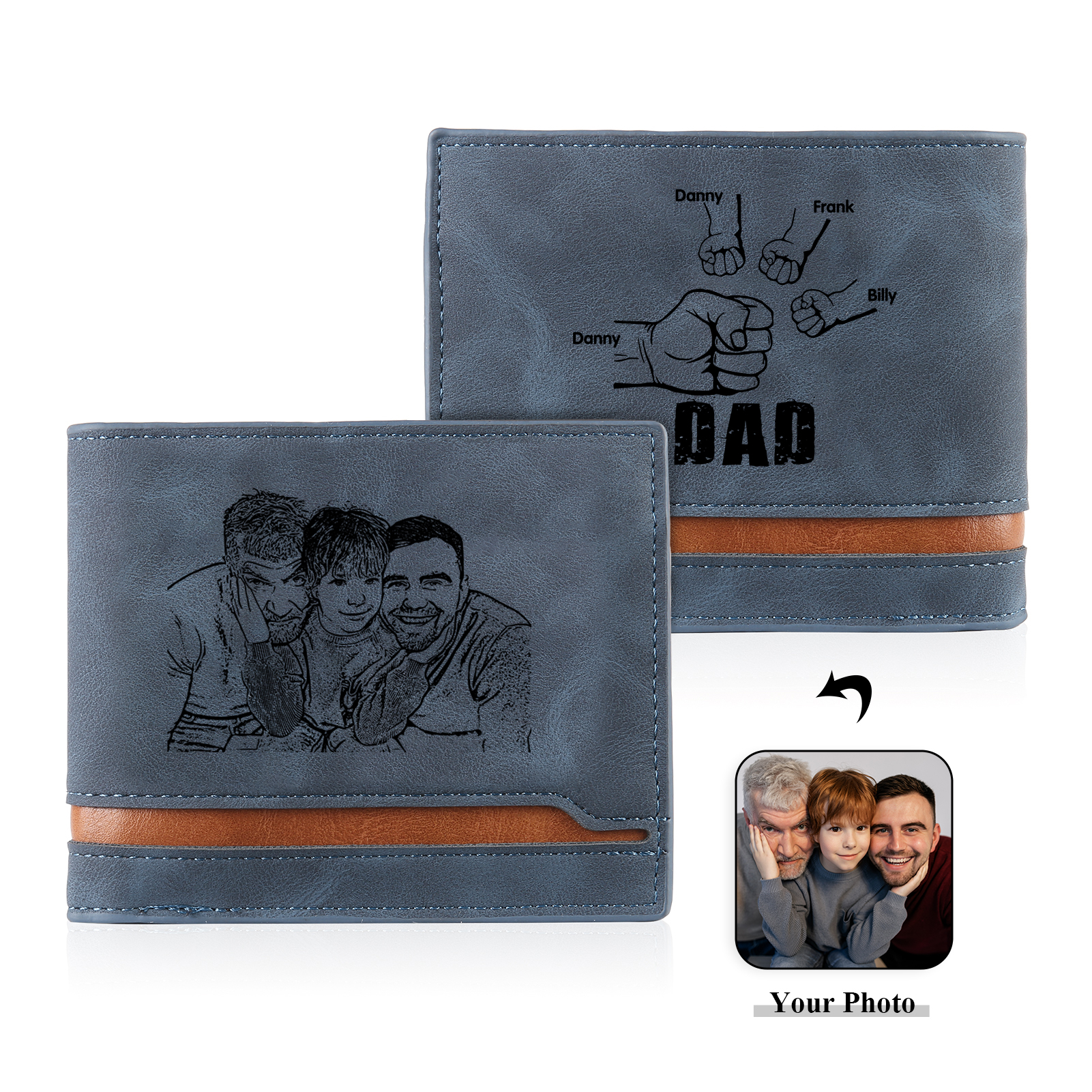 4 Names - Personalised Photo Custom Leather Men's Folding Wallet as a Father's Day Gift for Dad