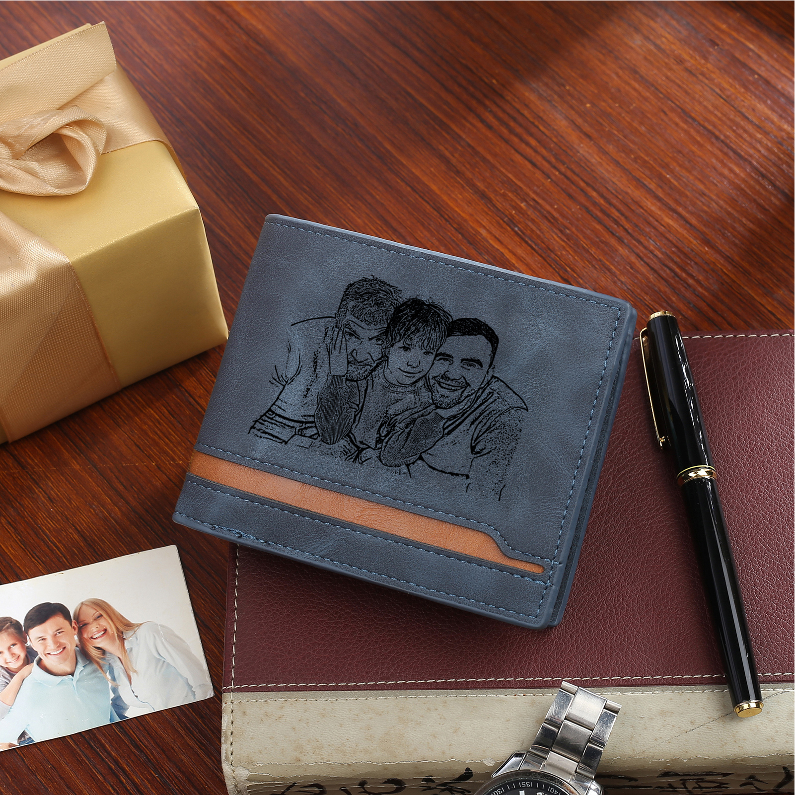 6 Names - Personalised Photo Custom Leather Men's Folding Wallet as a Father's Day Gift for Dad