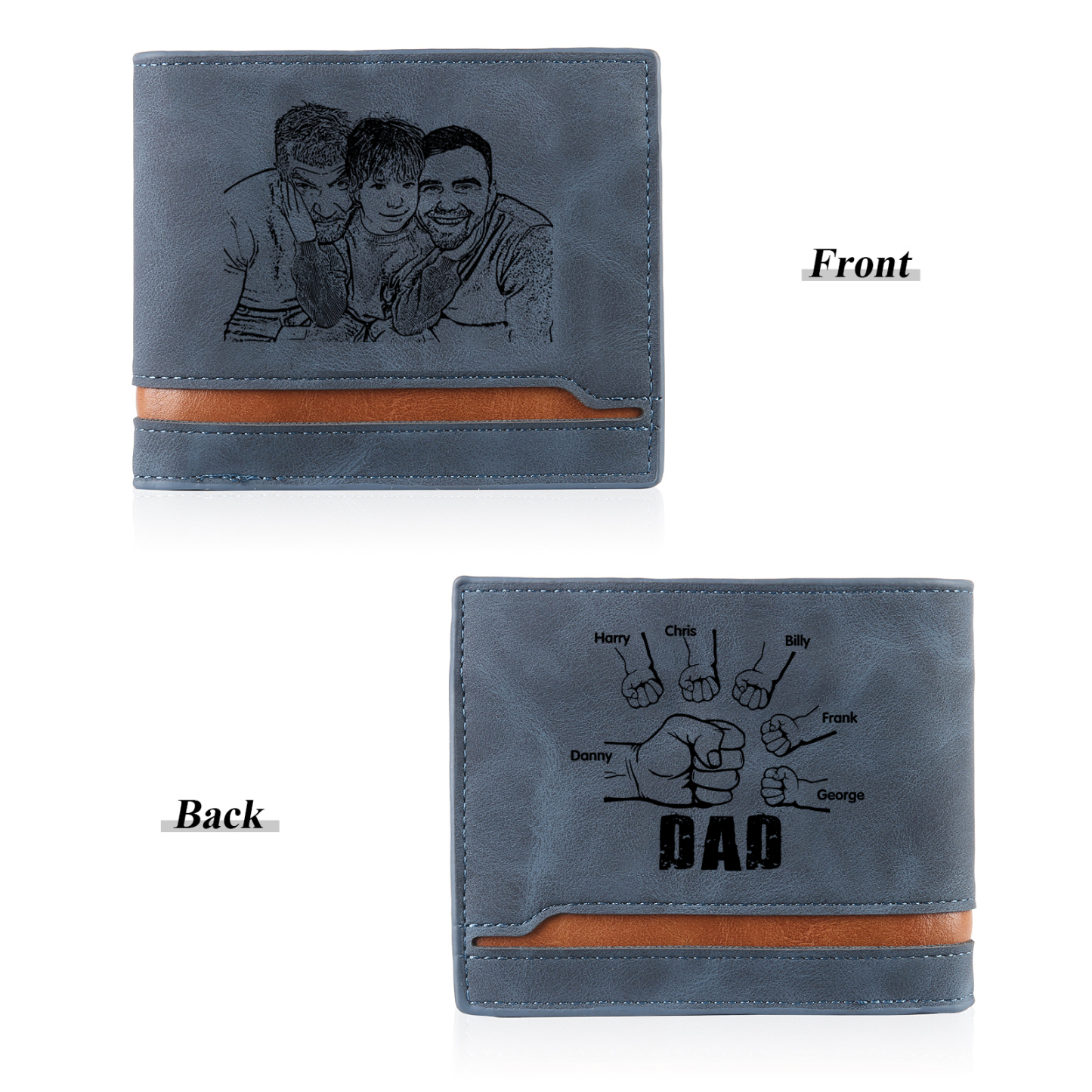 6 Names - Personalised Photo Custom Leather Men's Folding Wallet as a Father's Day Gift for Dad