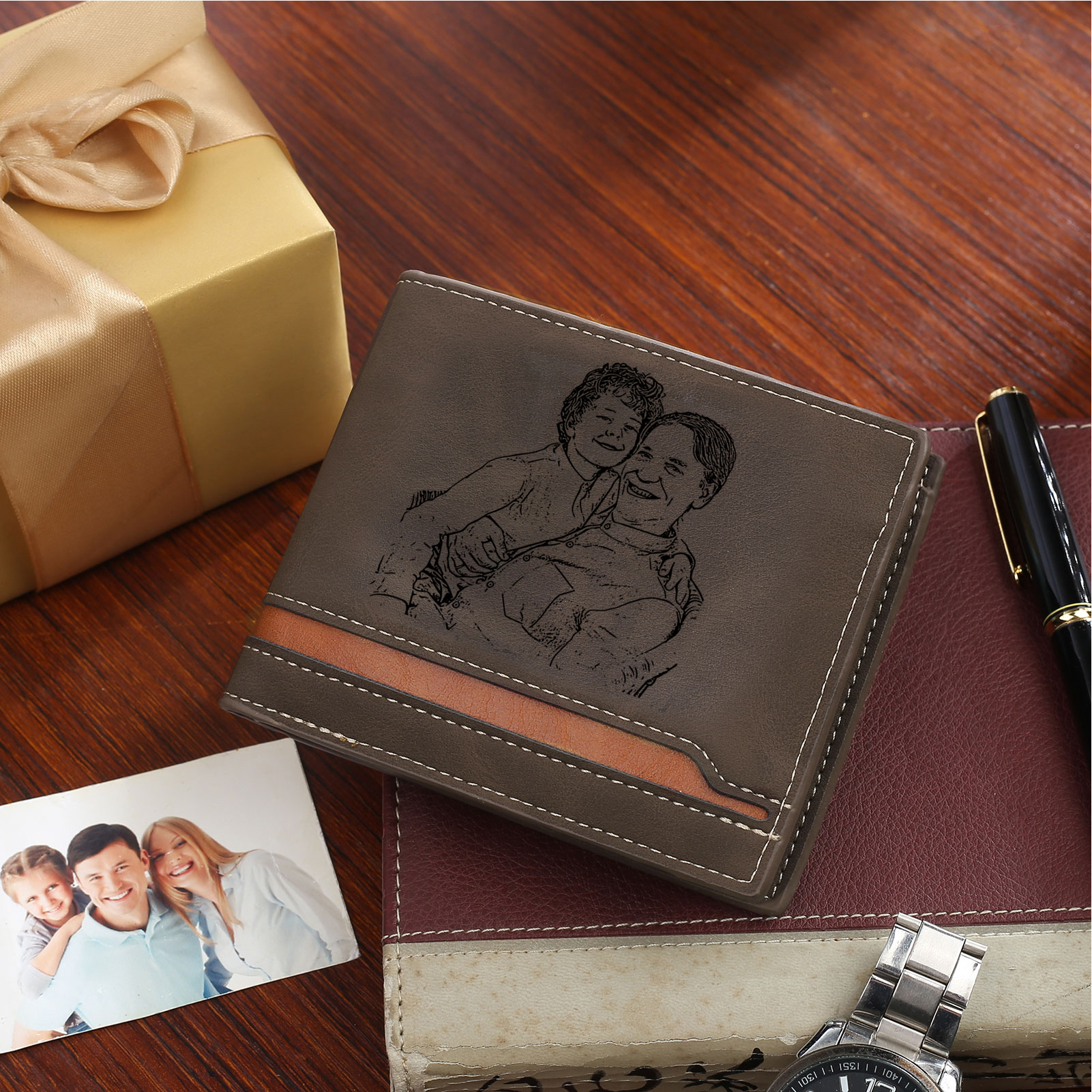 6 Names - Personalised Photo Custom Leather Men's Folding Wallet as a Father's Day Gift for Dad