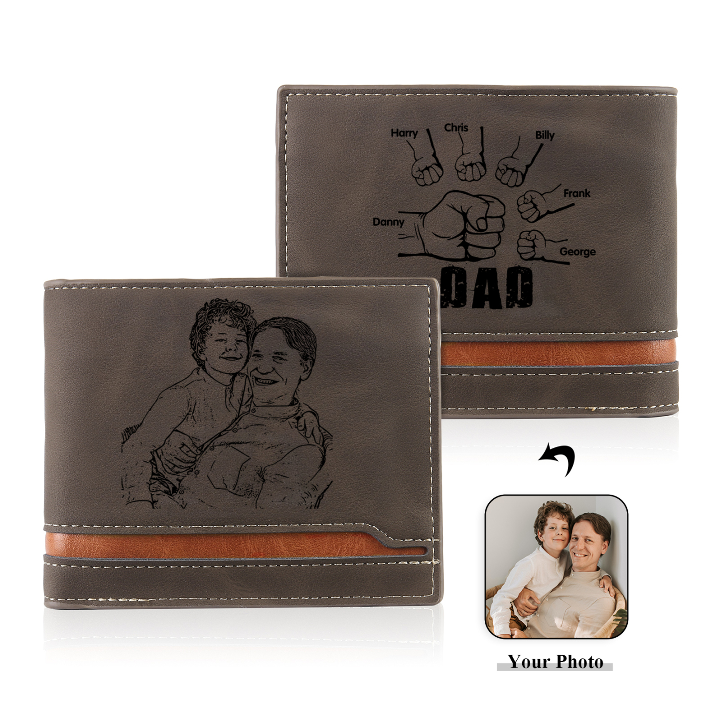 6 Names - Personalised Photo Custom Leather Men's Folding Wallet as a Father's Day Gift for Dad