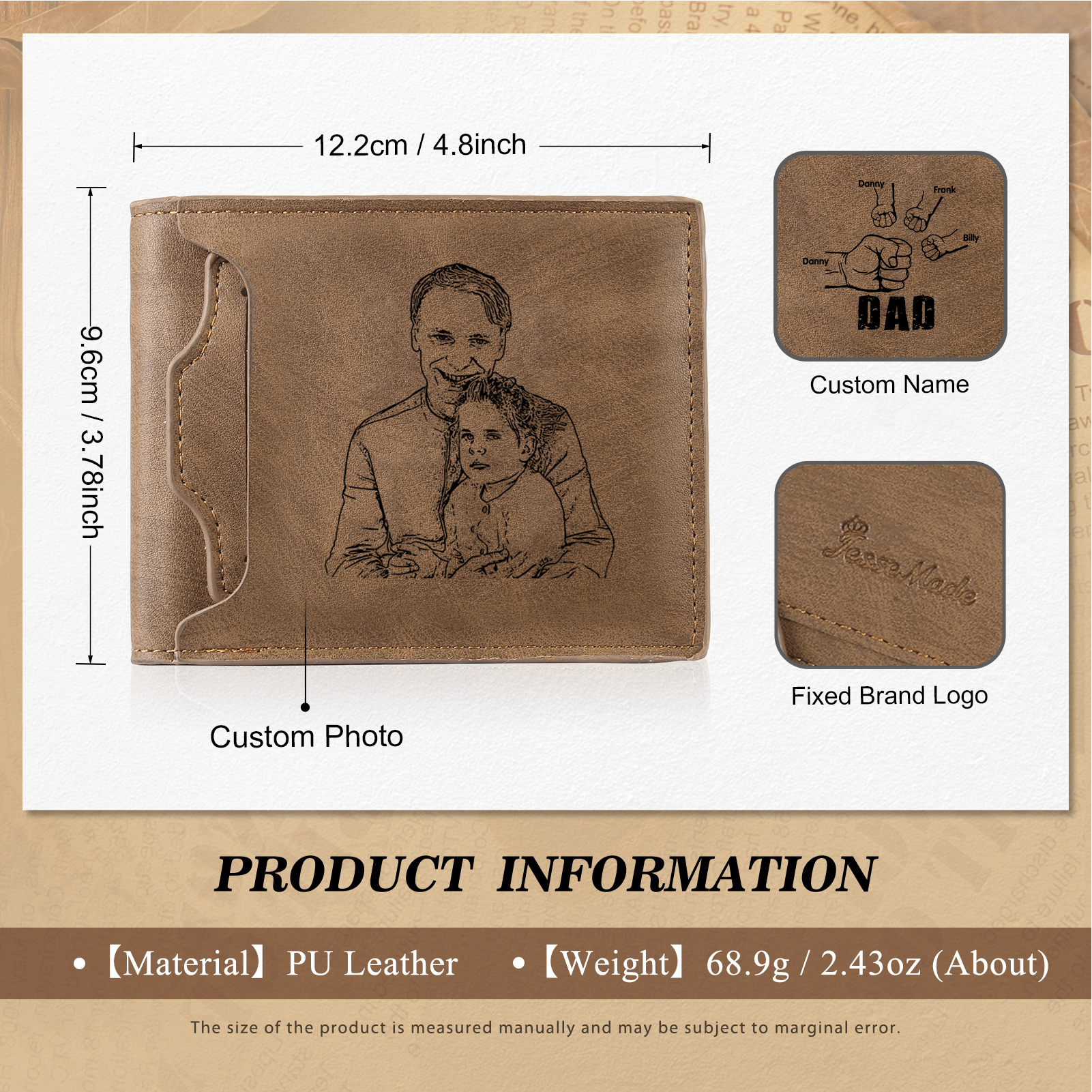 4 Names - Personalised Photo Custom Leather Men's Folding Wallet as a Father's Day Gift for Dad