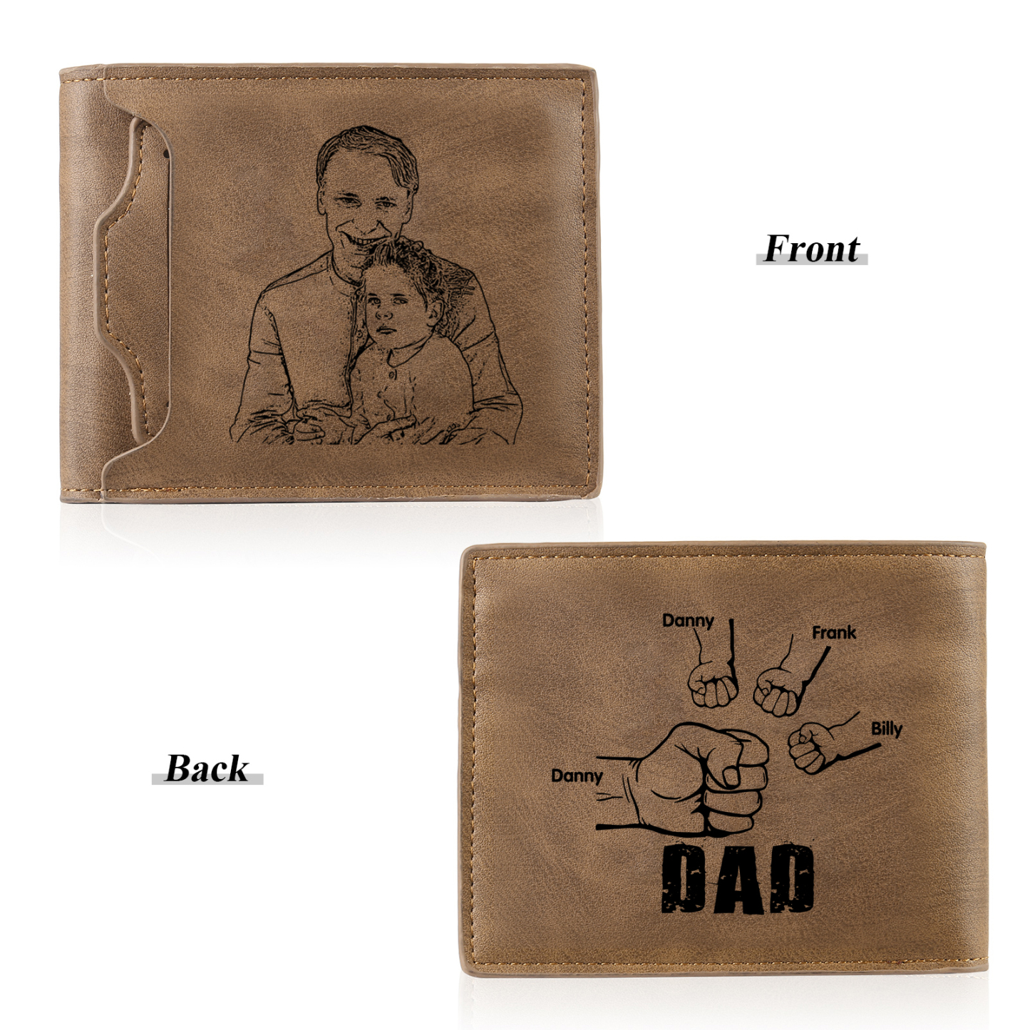 4 Names - Personalised Photo Custom Leather Men's Folding Wallet as a Father's Day Gift for Dad