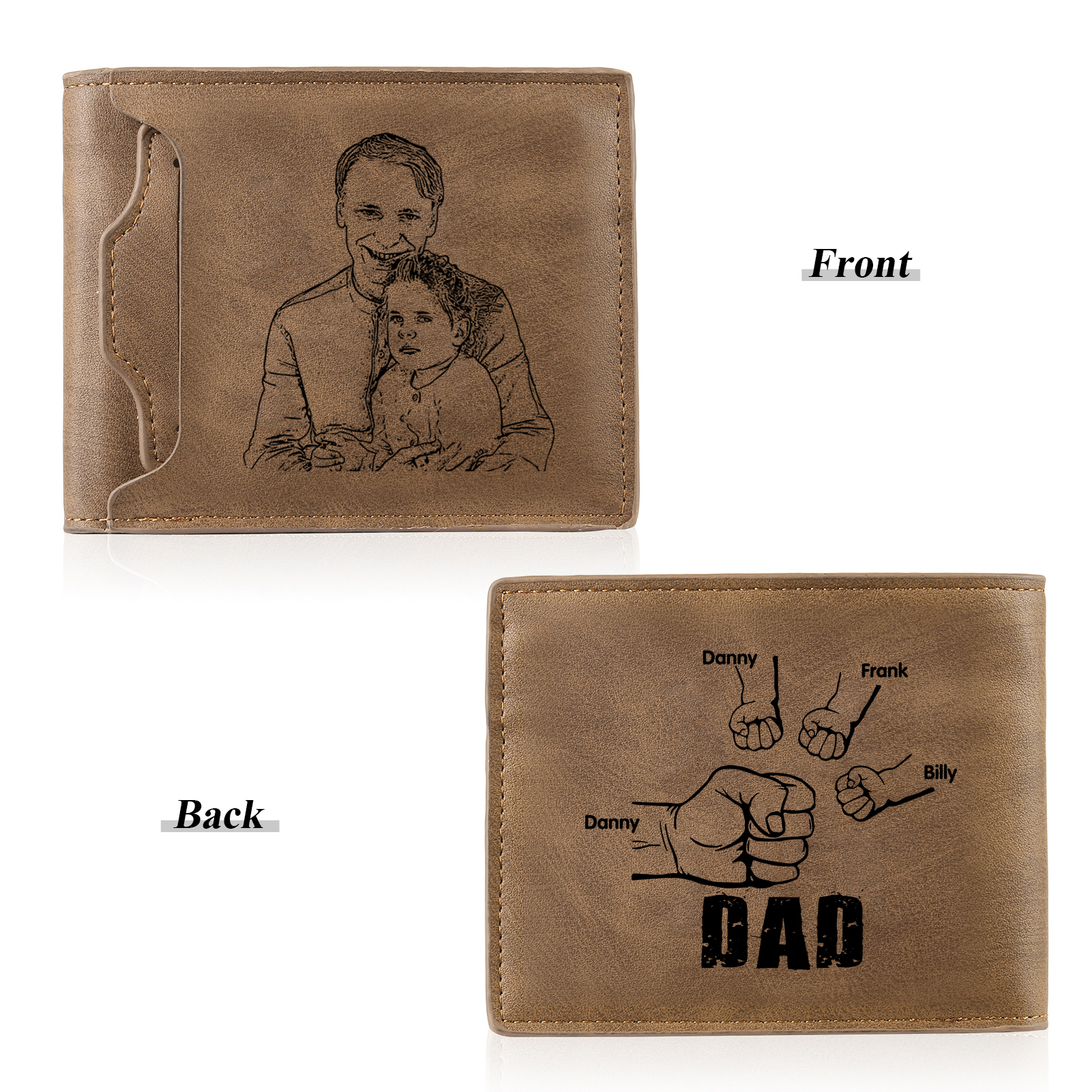4 Names - Personalised Photo Custom Leather Men's Folding Wallet as a Father's Day Gift for Dad