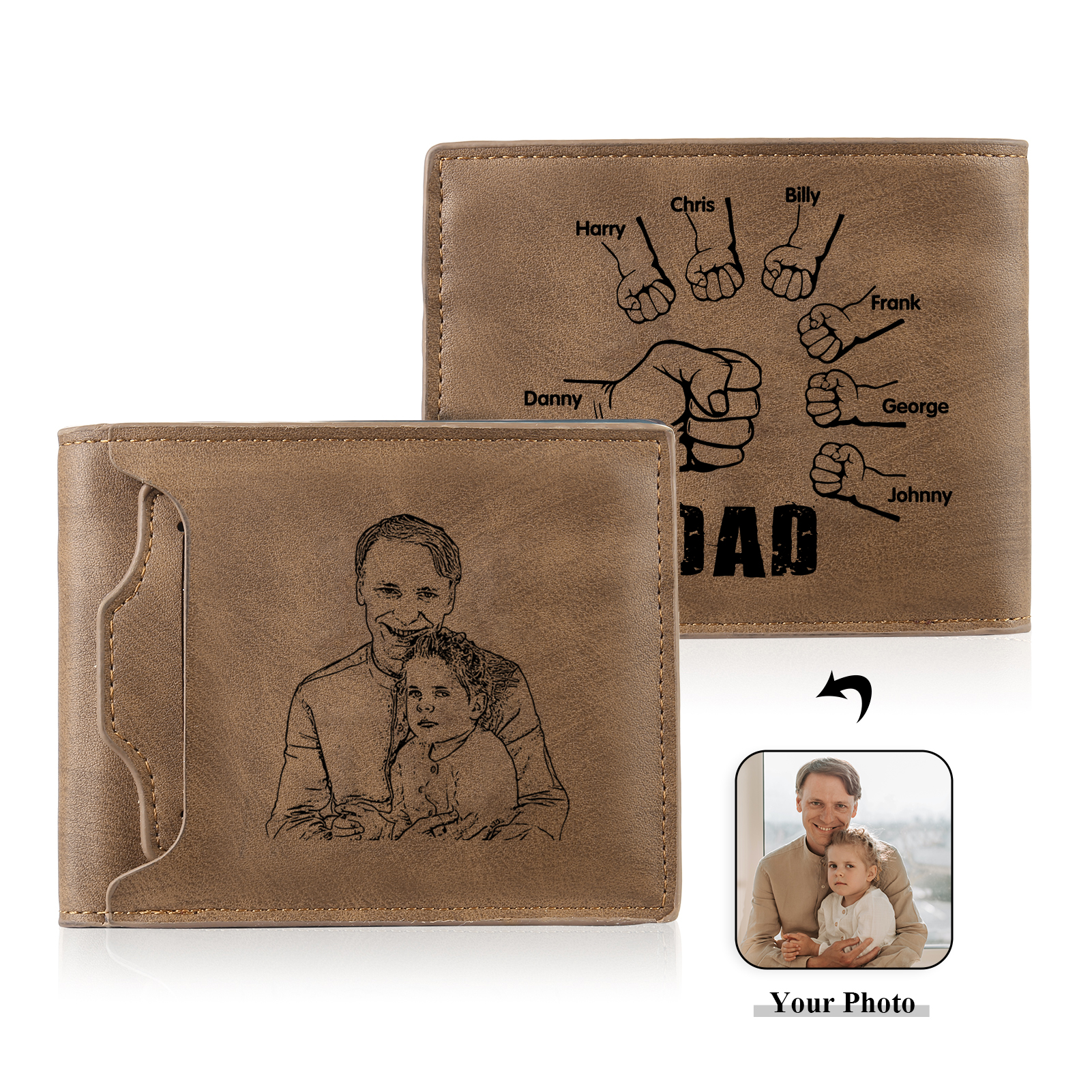 7 Names - Personalised Photo Custom Leather Men's Folding Wallet as a Father's Day Gift for Dad