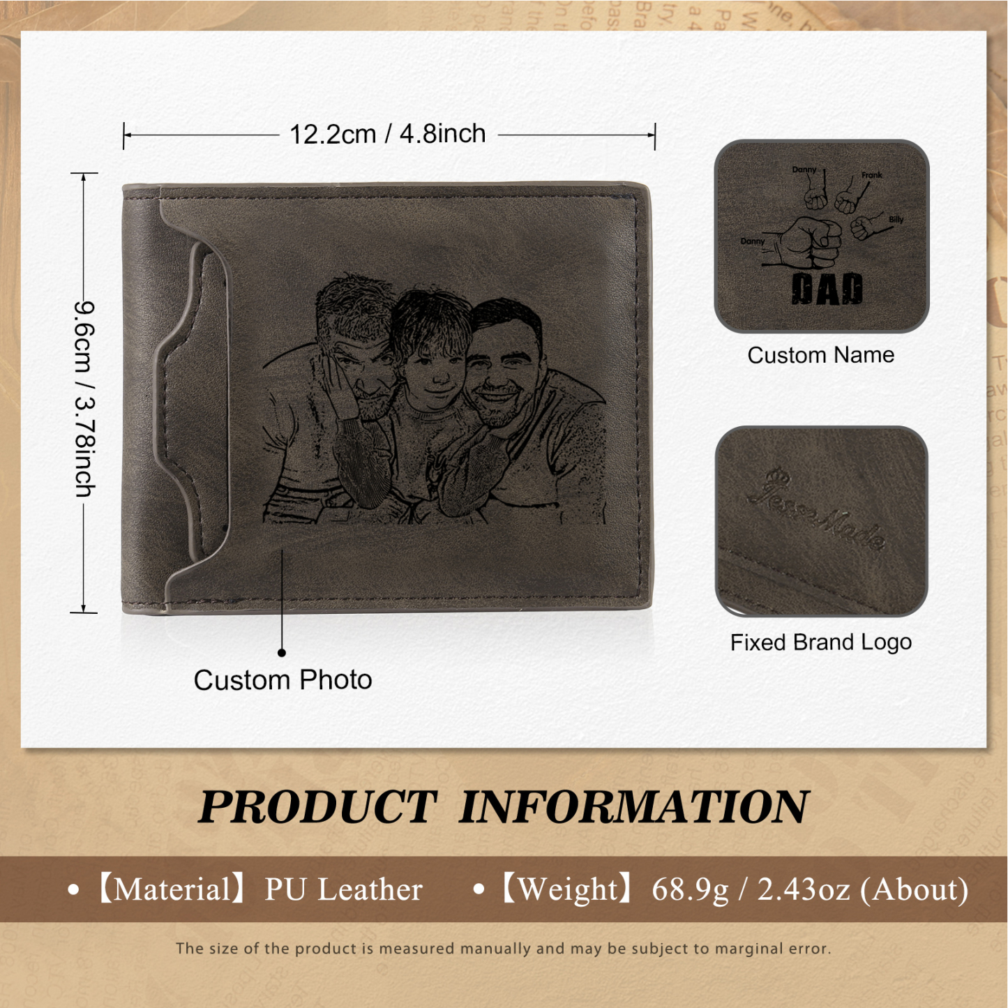 4 Names - Personalised Photo Custom Leather Men's Folding Wallet as a Father's Day Gift for Dad
